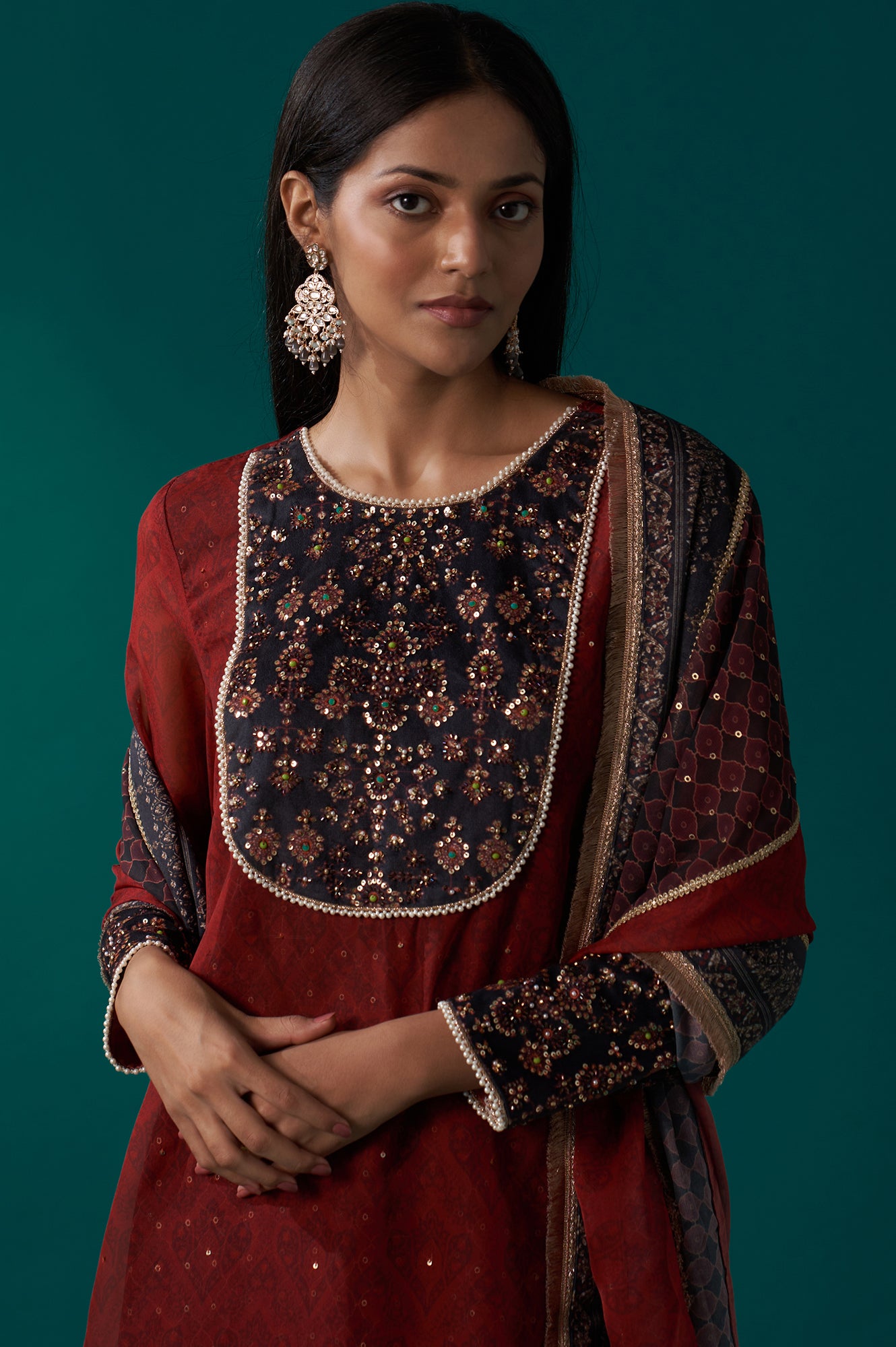 Red Abstract Printed Beaded A-Line Organza Kurta with Culottes and Dupatta Set