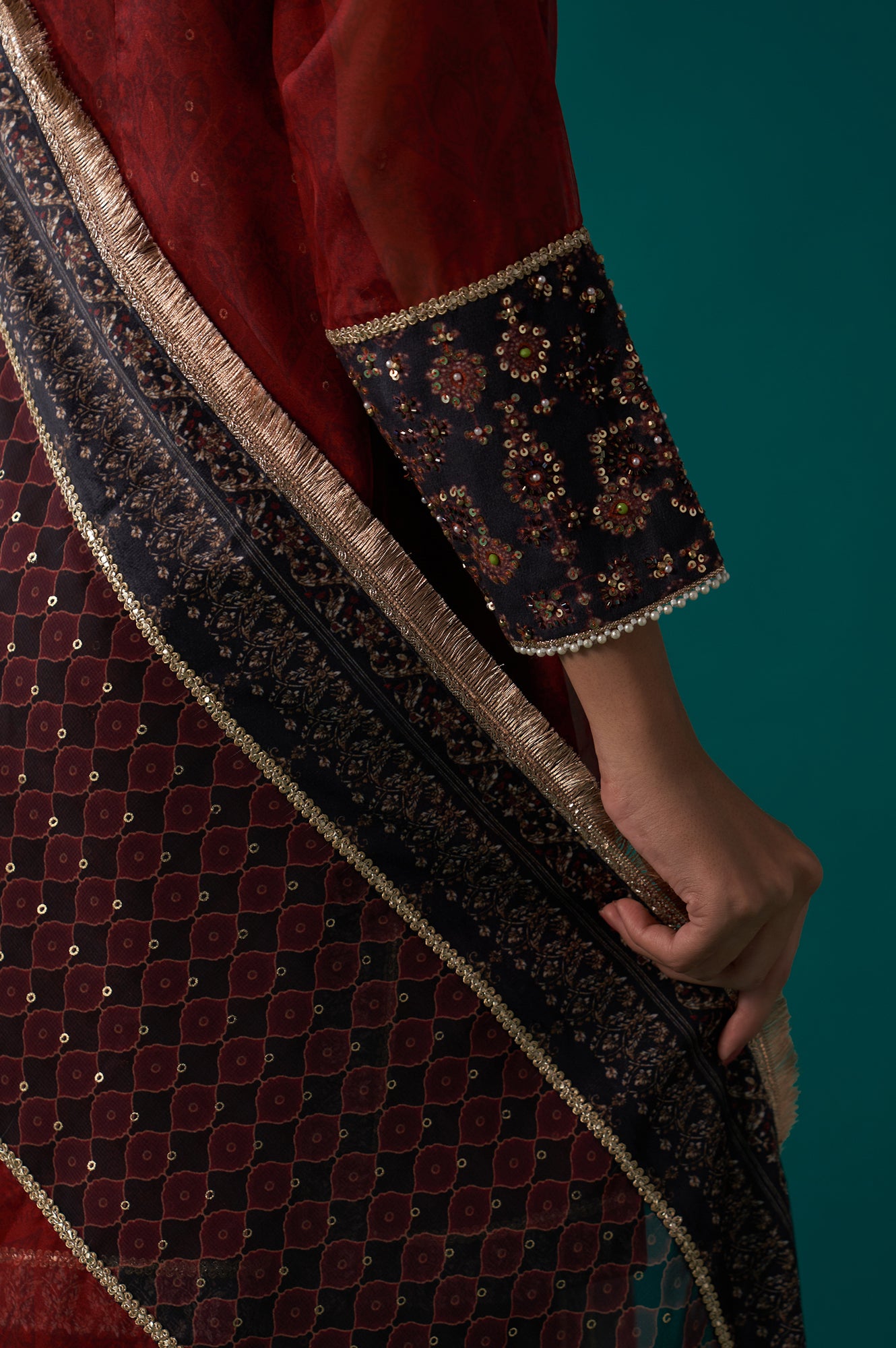 Red Abstract Printed Beaded A-Line Organza Kurta with Culottes and Dupatta Set