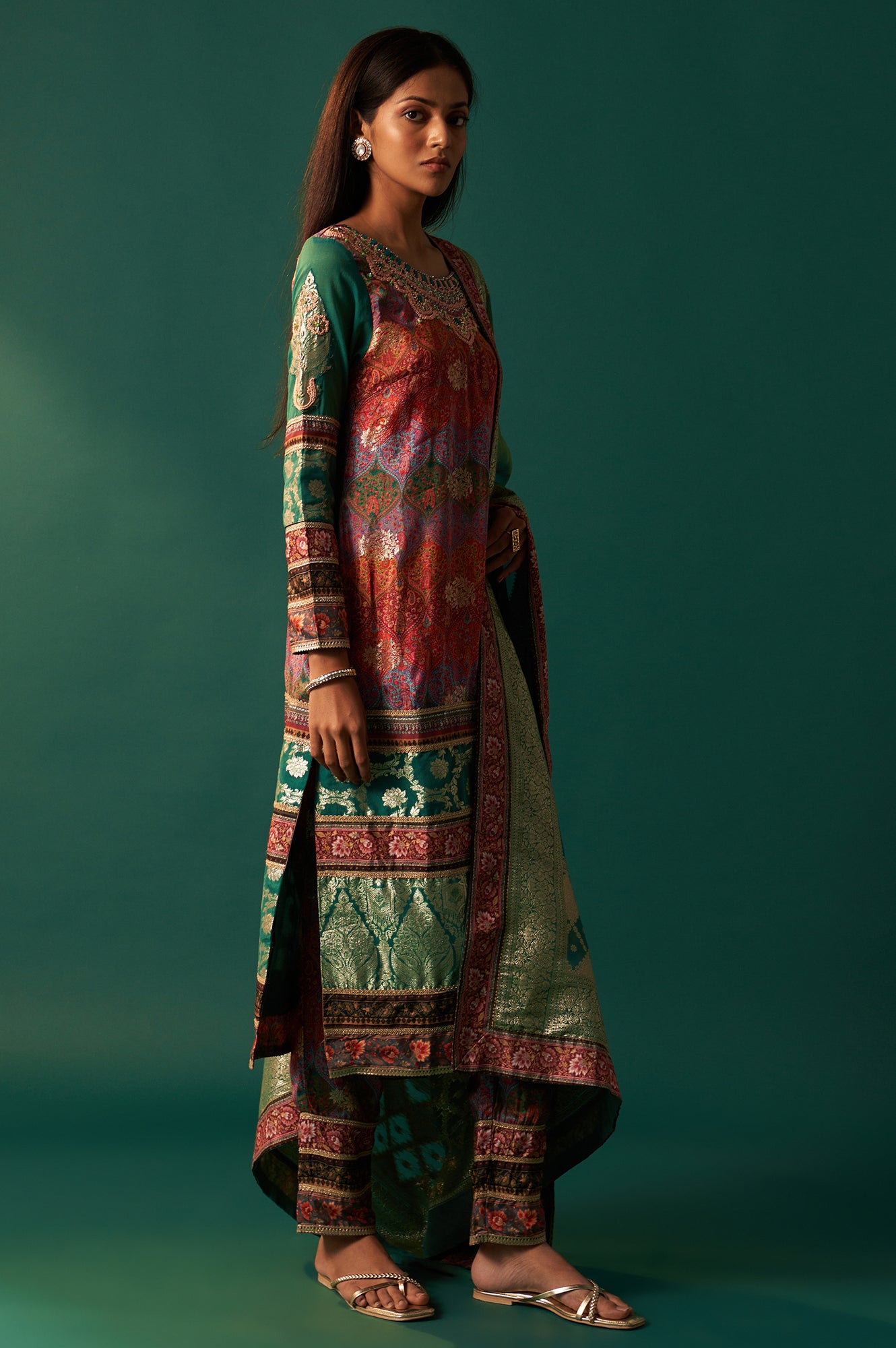 Multicolour Printed Jacquard Straight Kurta, Straight Pant and Dupatta Set
