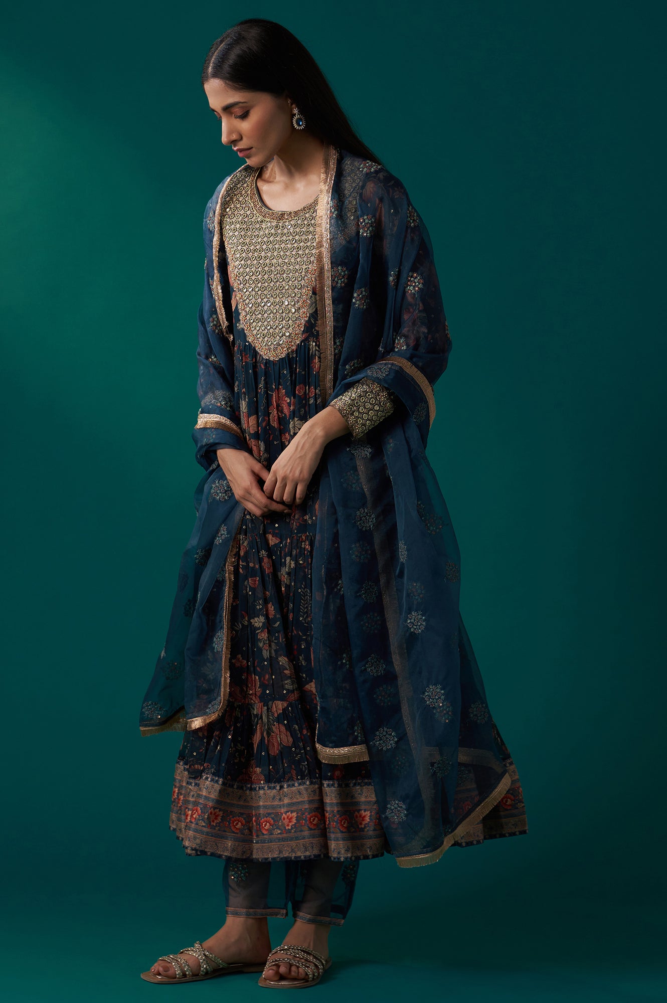Teal Floral Printed Metallic Embroidery Anarkali Kurta with Parallel Pants and Dupatta Set