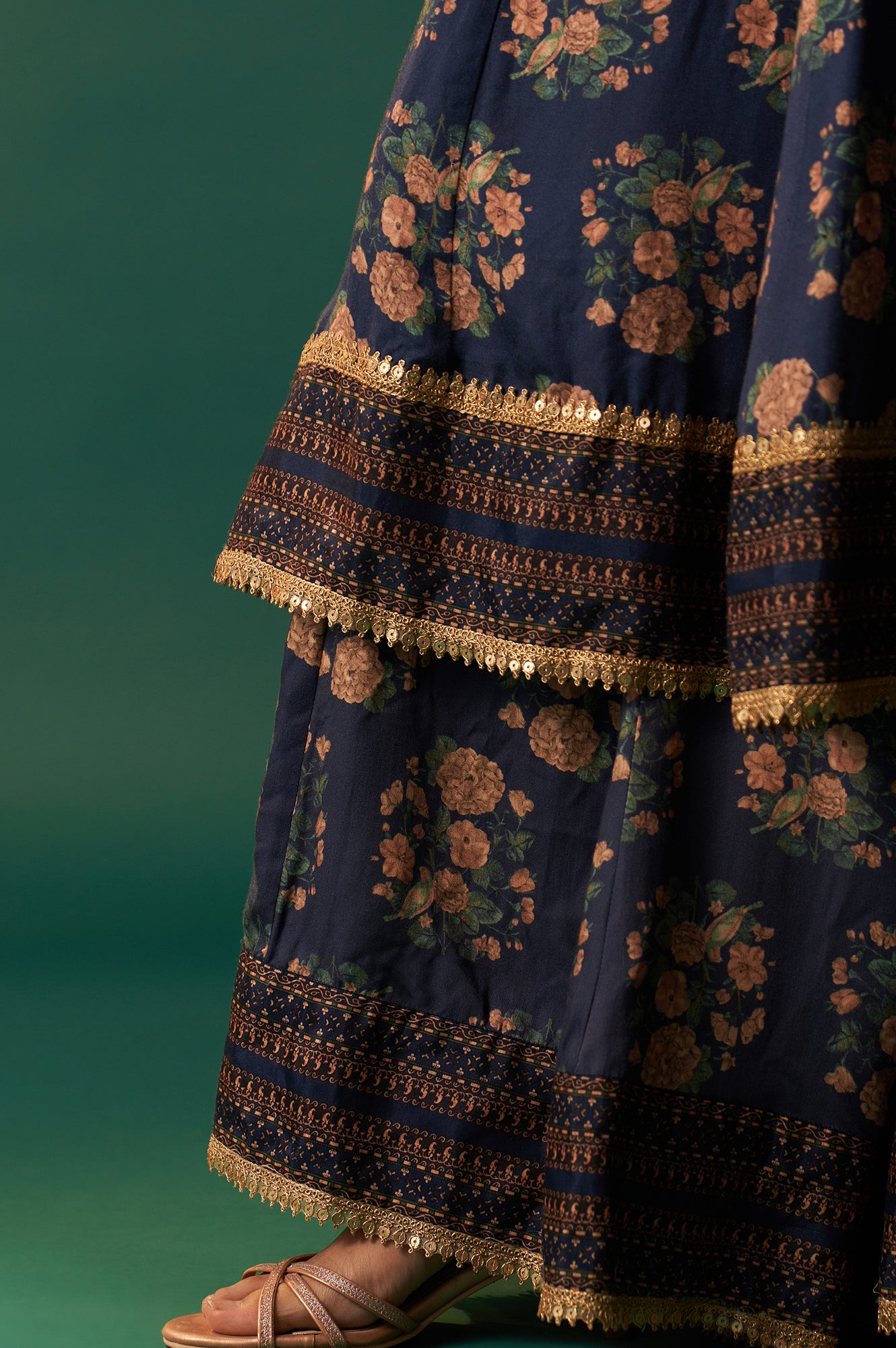 Navy Blue Floral Printed Beaded Anarkali Modal Satin Kurta with Culottes and Dupatta Set