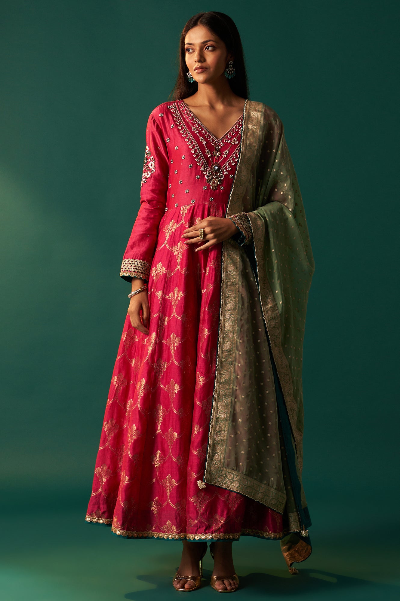 Pink Embroidered Chanderi Jaquard Zari Anarkali Kurta with Churidar and Dupatta Set