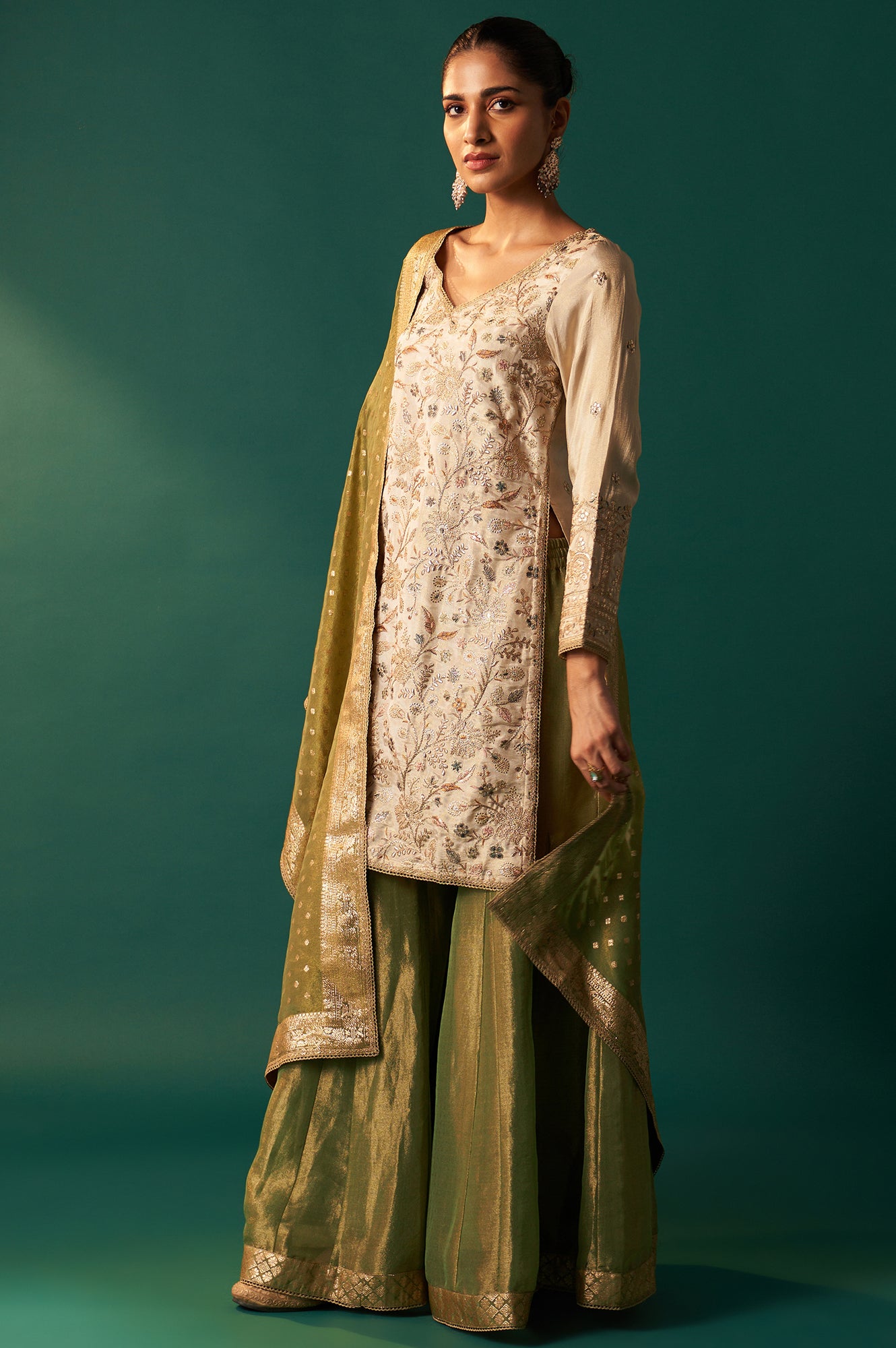 White Zari Embroidered Tissue Straight Kurta with Sharara and Dupatta Set