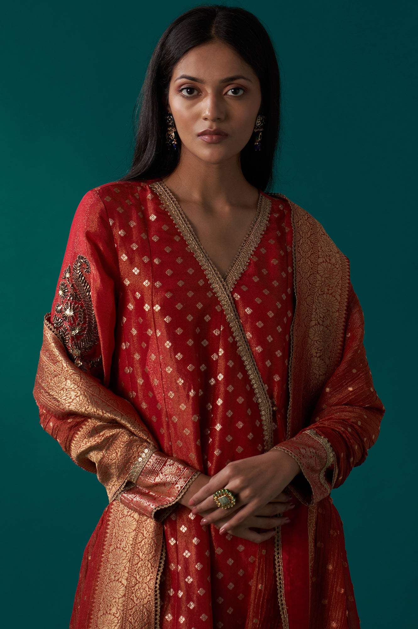 Red Embroidered Tissue Jacquard Angarkha Kurta with Pant and Dupatta Set