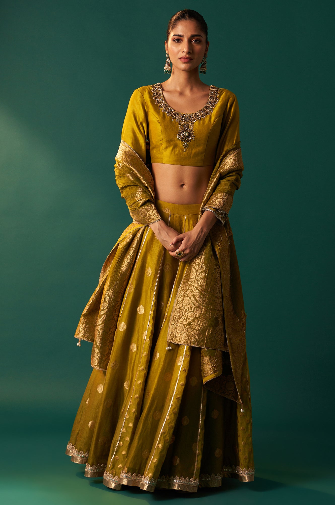 Green Embroidered Flared Cotton Blouse with Skirt and Dupatta Set