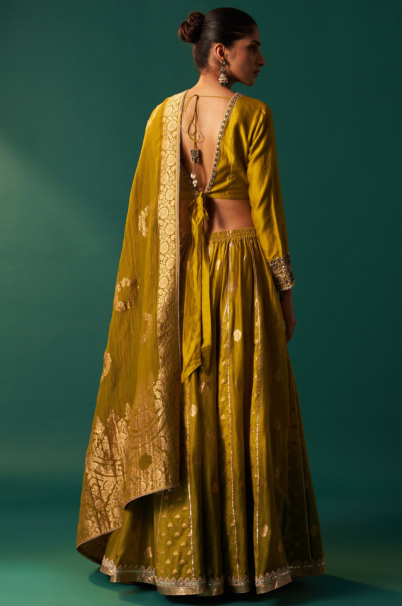 Green Embroidered Flared Cotton Blouse with Skirt and Dupatta Set