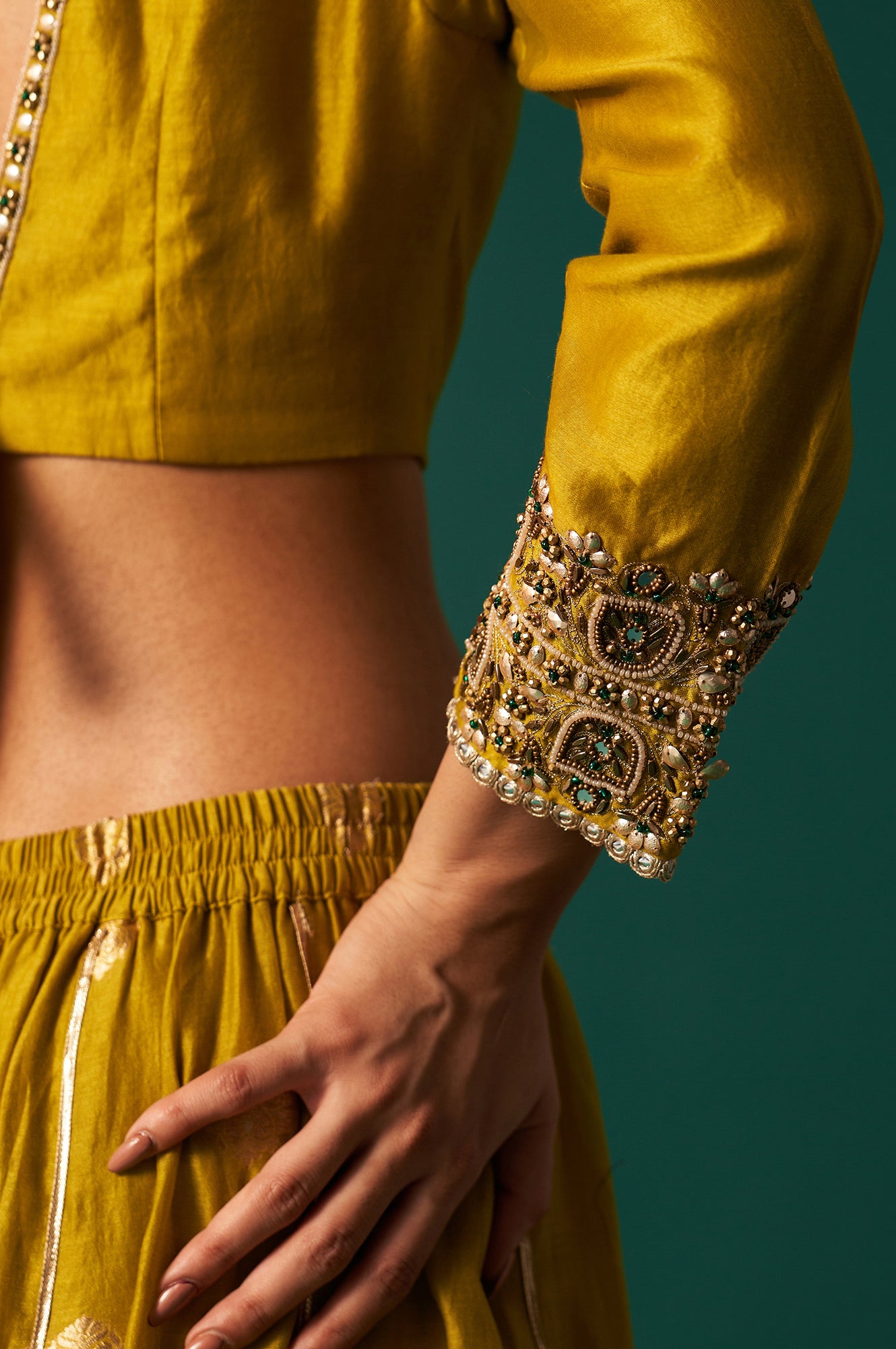 Green Embroidered Flared Cotton Blouse with Skirt and Dupatta Set