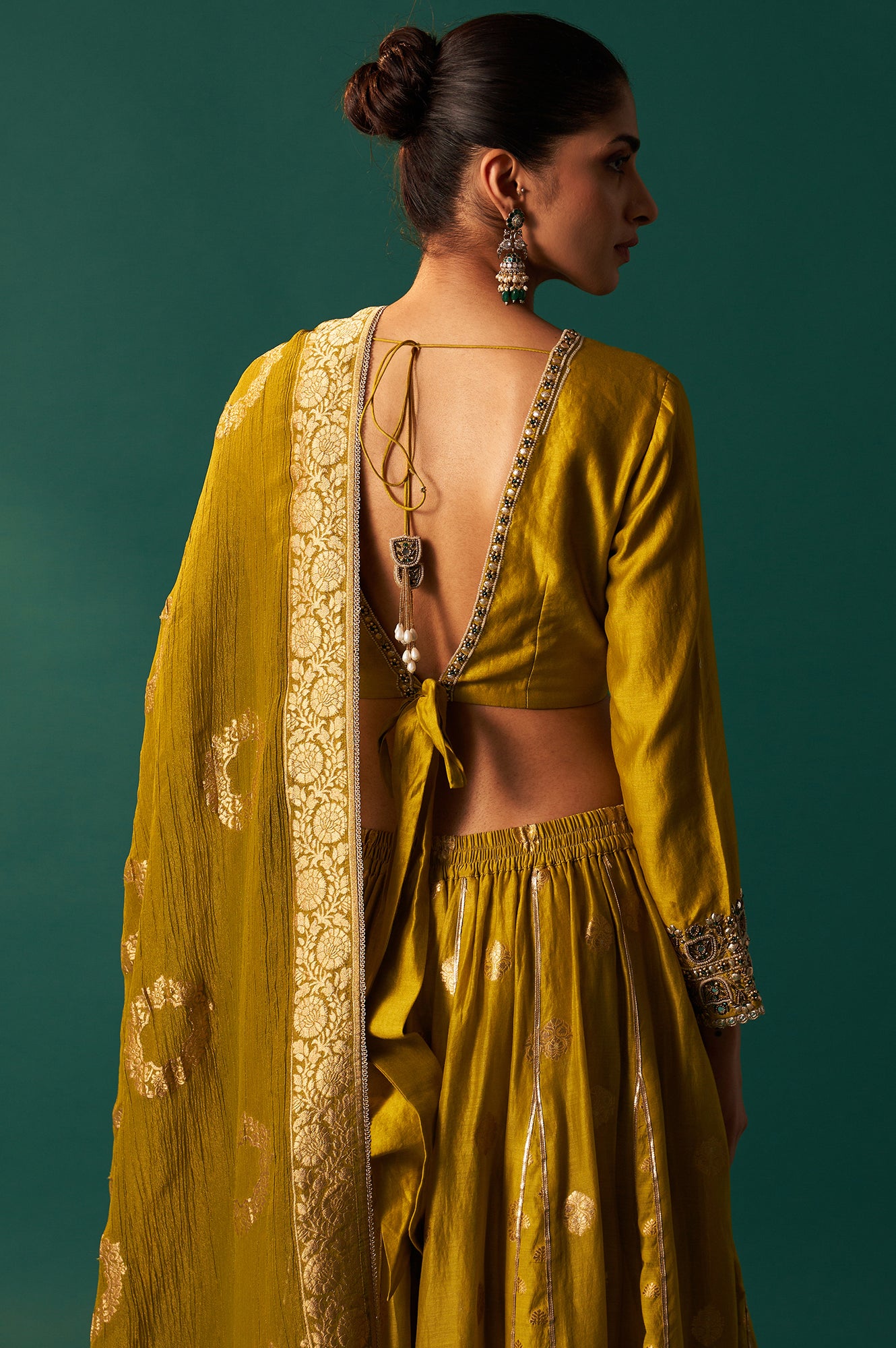 Green Embroidered Flared Cotton Blouse with Skirt and Dupatta Set