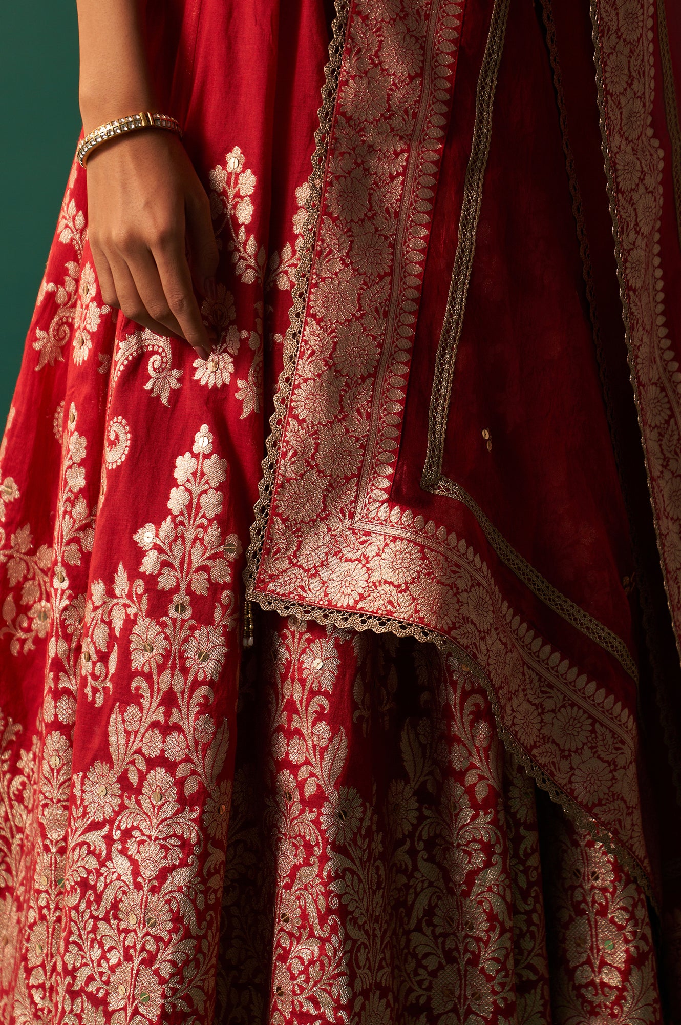 Red Zari Embroidered Jacquard Blouse with Flared Skirt and Dupatta Set