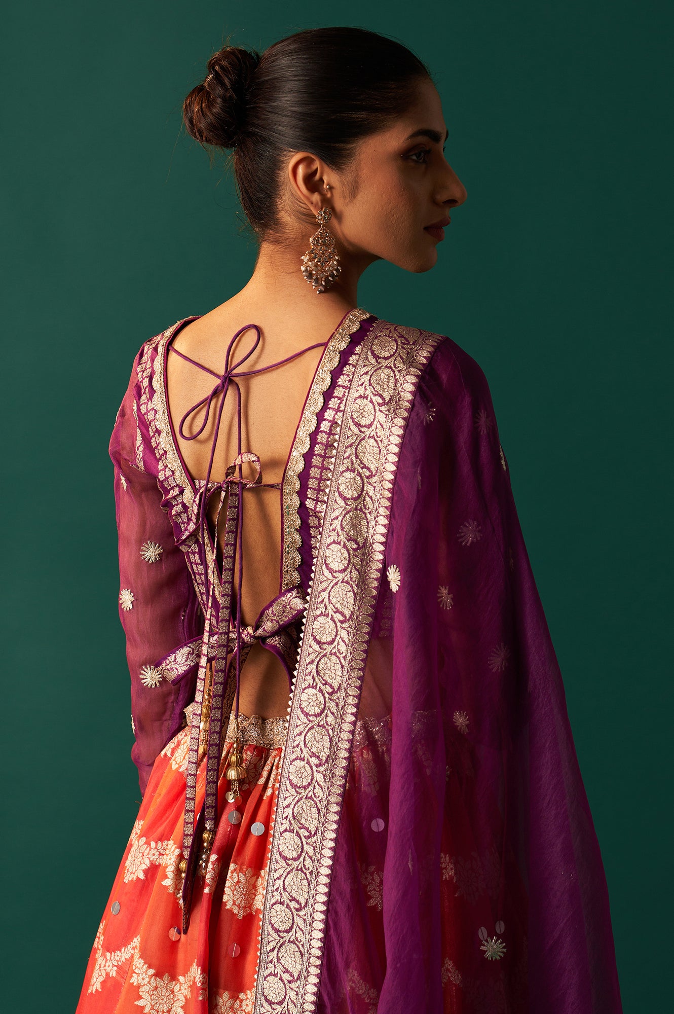 Purple Zari Embroidered Jacquard Blouse with Flared Skirt and Dupatta Set