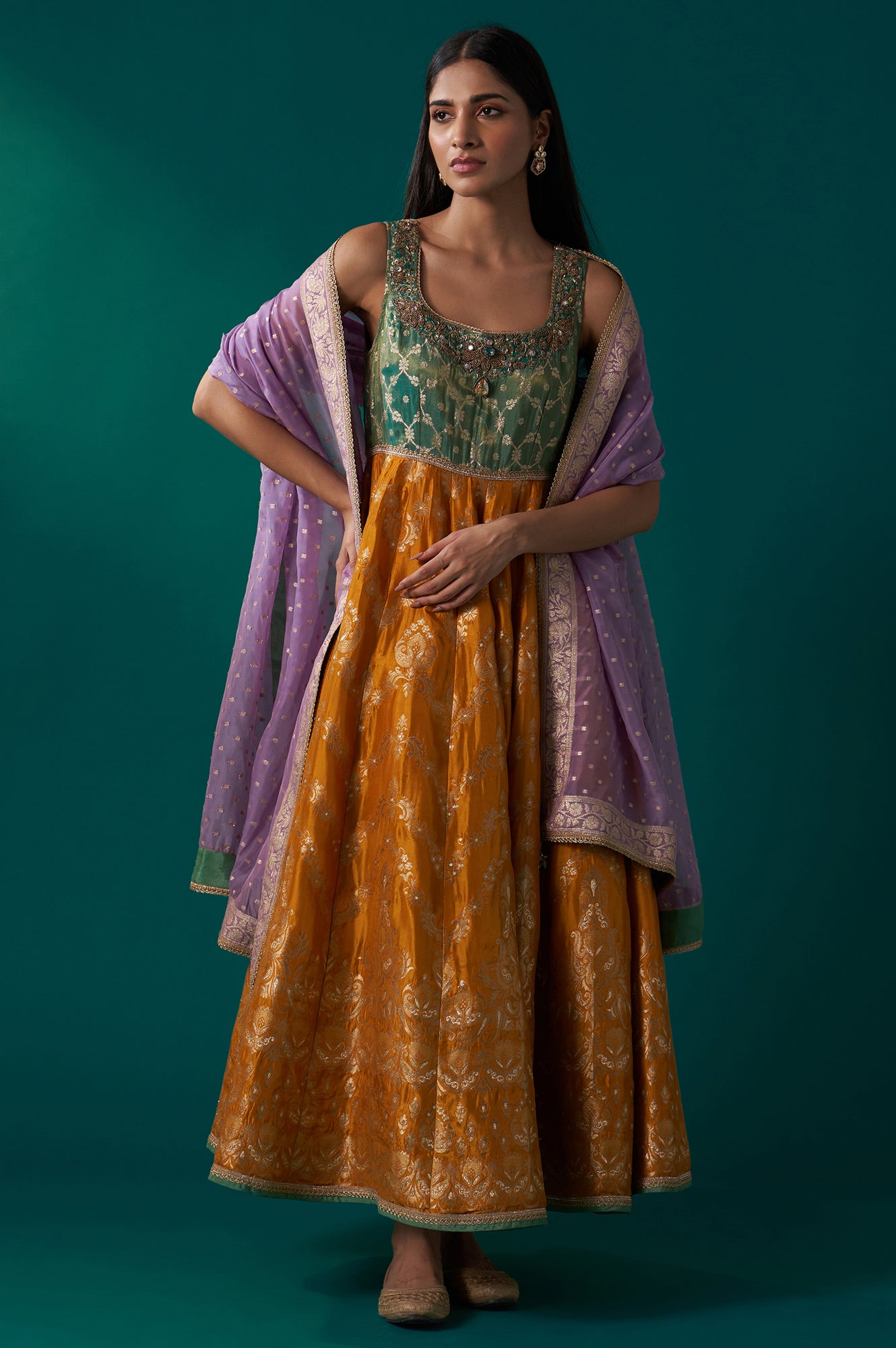 Yellow and Green Zardozi Embroidered Jacquard Anarkali Kurta with Churidar and Dupatta Set