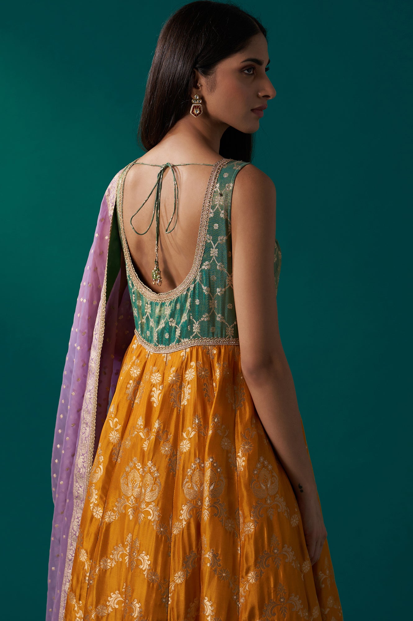 Yellow and Green Zardozi Embroidered Jacquard Anarkali Kurta with Churidar and Dupatta Set
