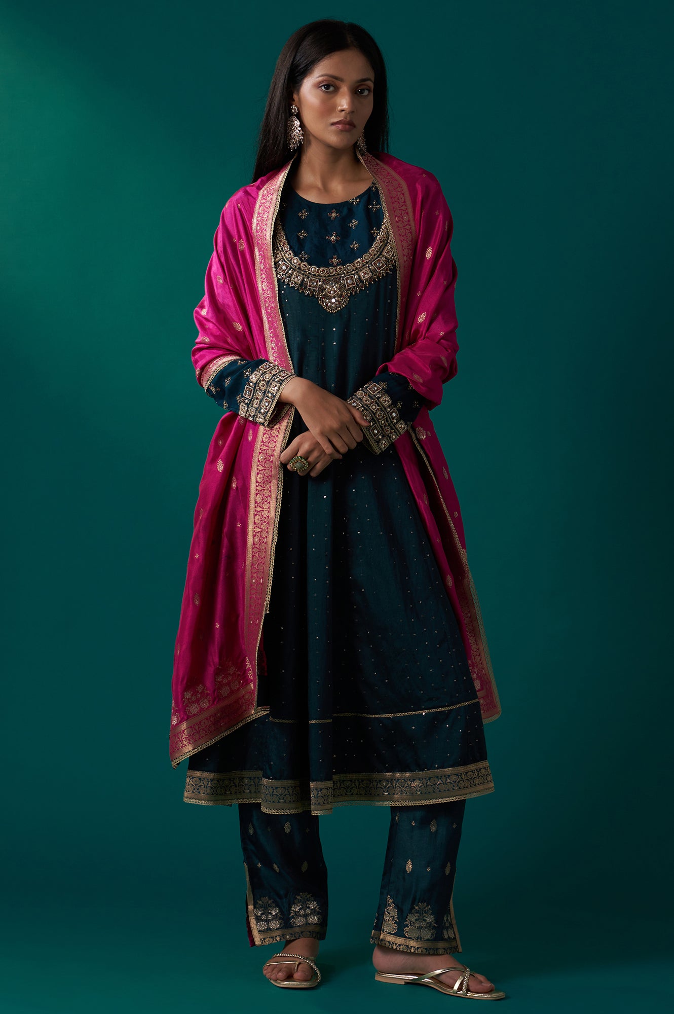 Teal Green Heavy Embroidered Sequined Anarkali Kurta with Straight Pant and Dupatta Set