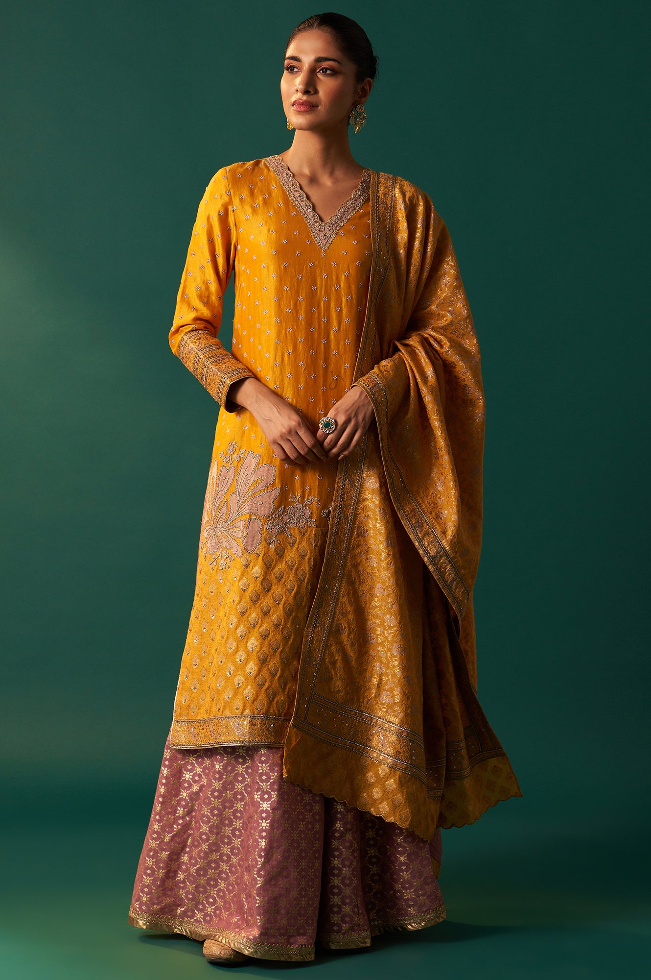 Yellow Embroidered Jacquard Straight Festive Kurta with Culotte and Dupatta Set