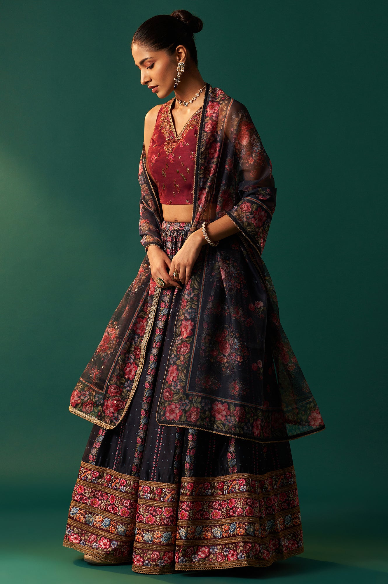 Maroon Floral Printed Sequined Chanderi Blouse with Navy Flared Skirt and Dupatta Set