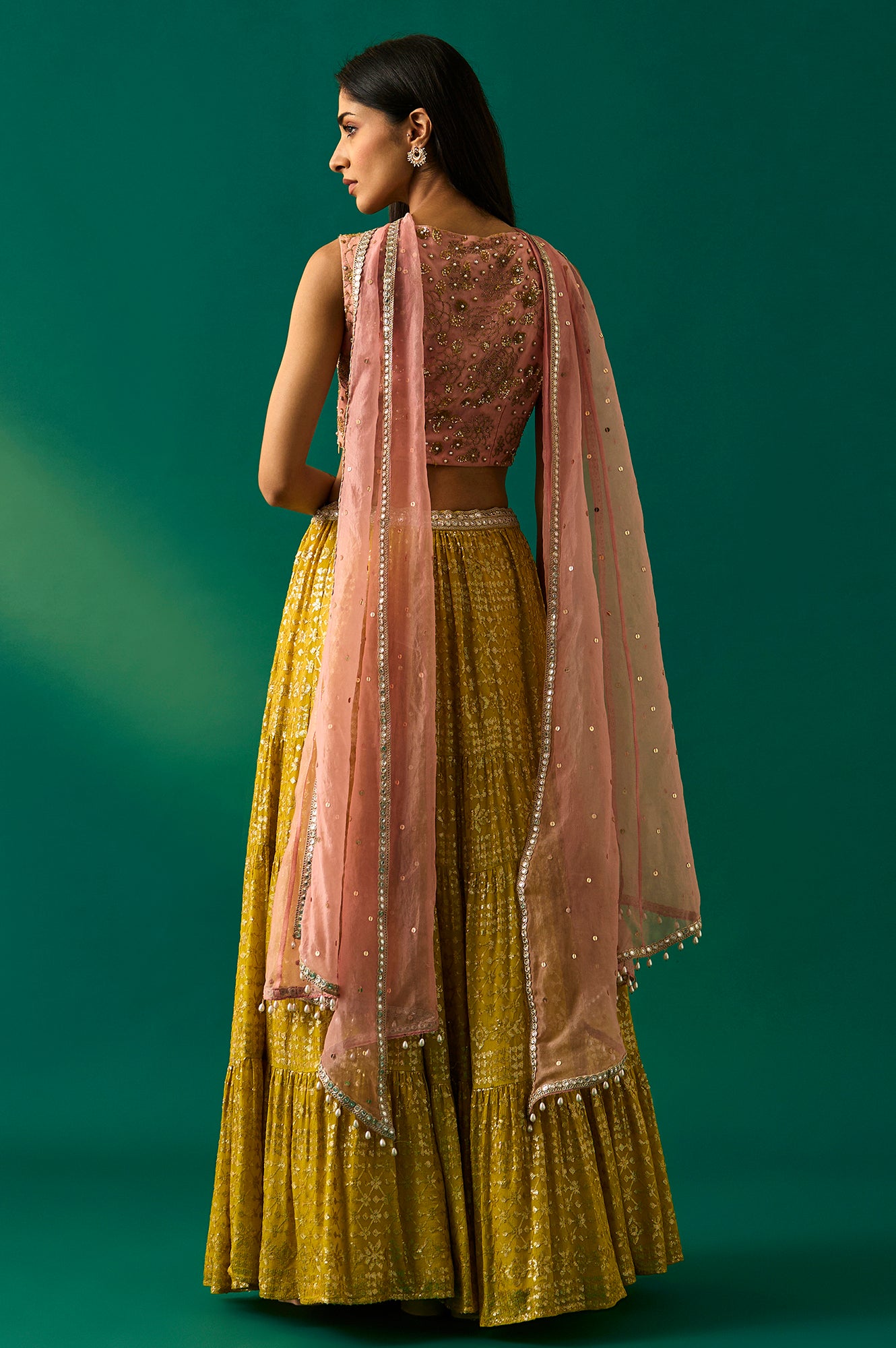 Pink Embroidered Straight Cut Blouse with Skirt and Dupatta Set