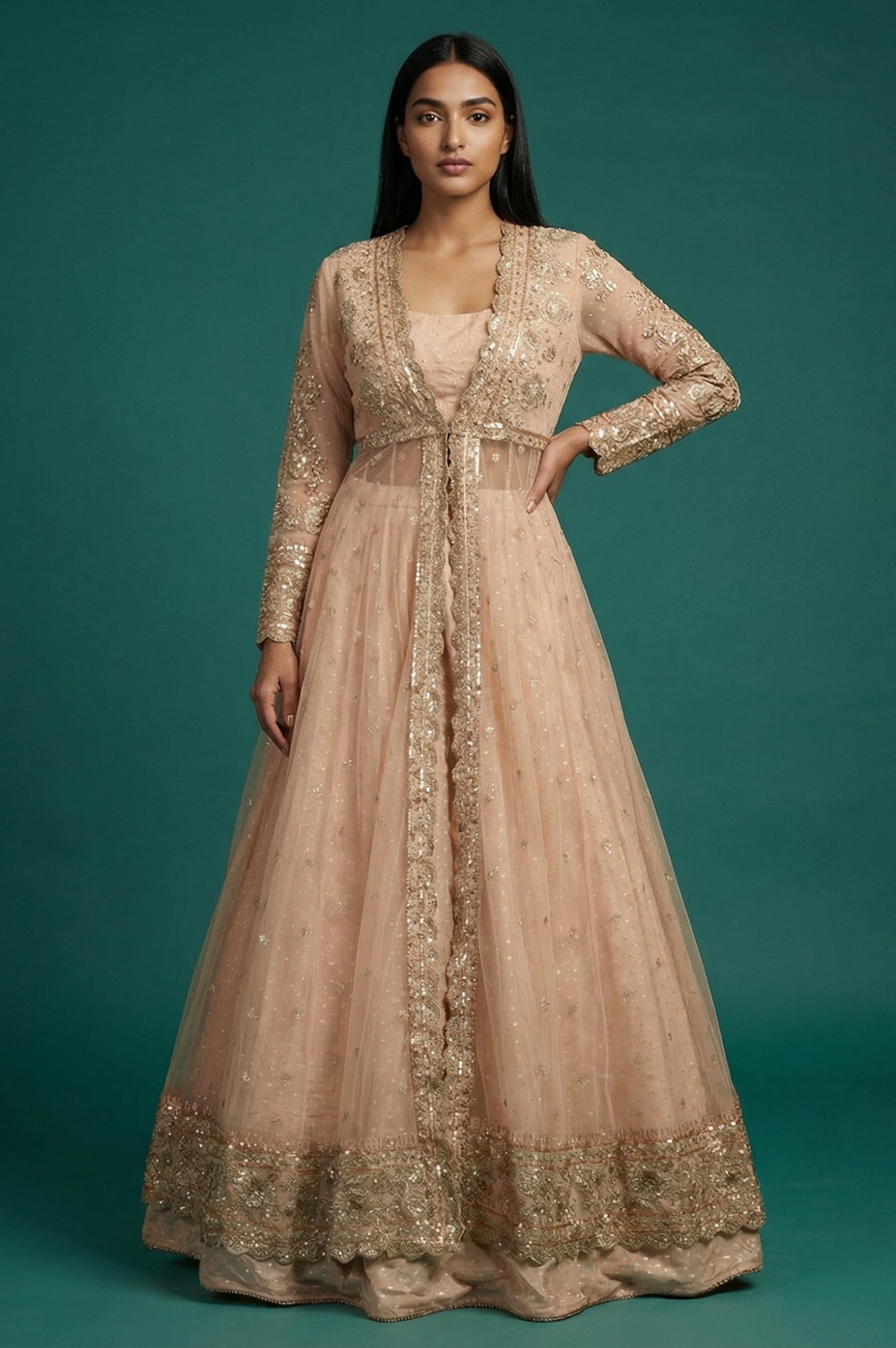 Peach Zari Embroidered Flared Top with Jacket and Skirt Set