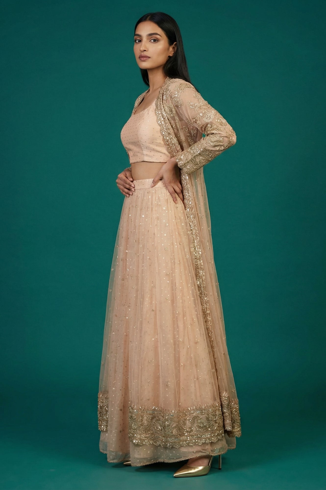 Peach Zari Embroidered Flared Top with Jacket and Skirt Set