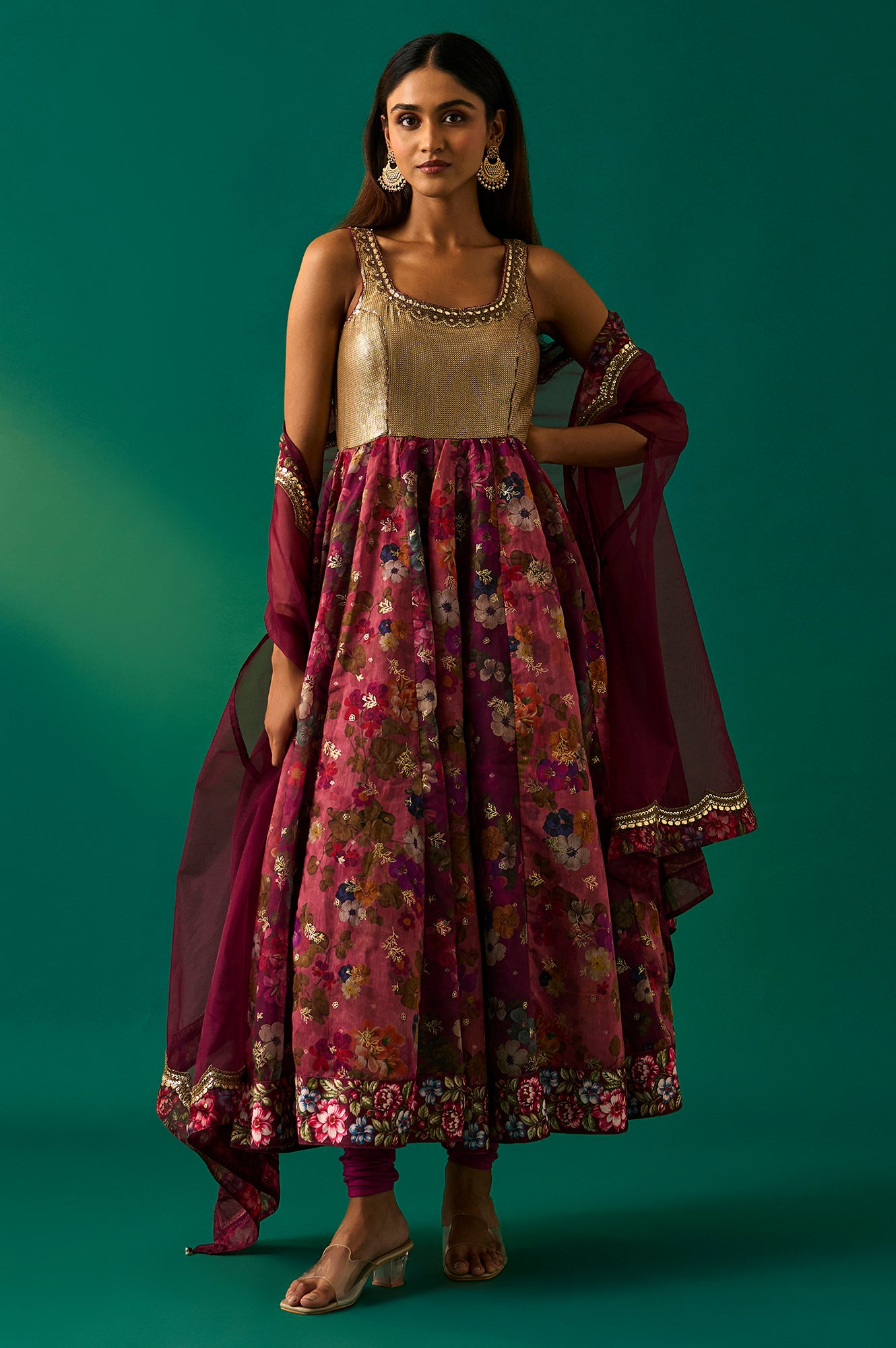 Maroon Floral Printed Embellished Anarkali Crepe Dress with Churidar and Cape Set