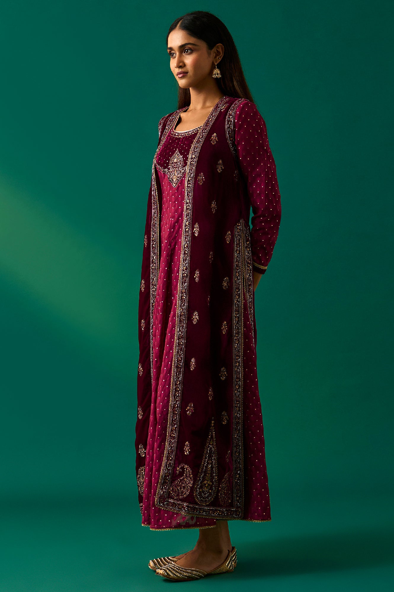 Maroon Embroidered Anarkali Georgette Gilet with Dress and Churidar Set