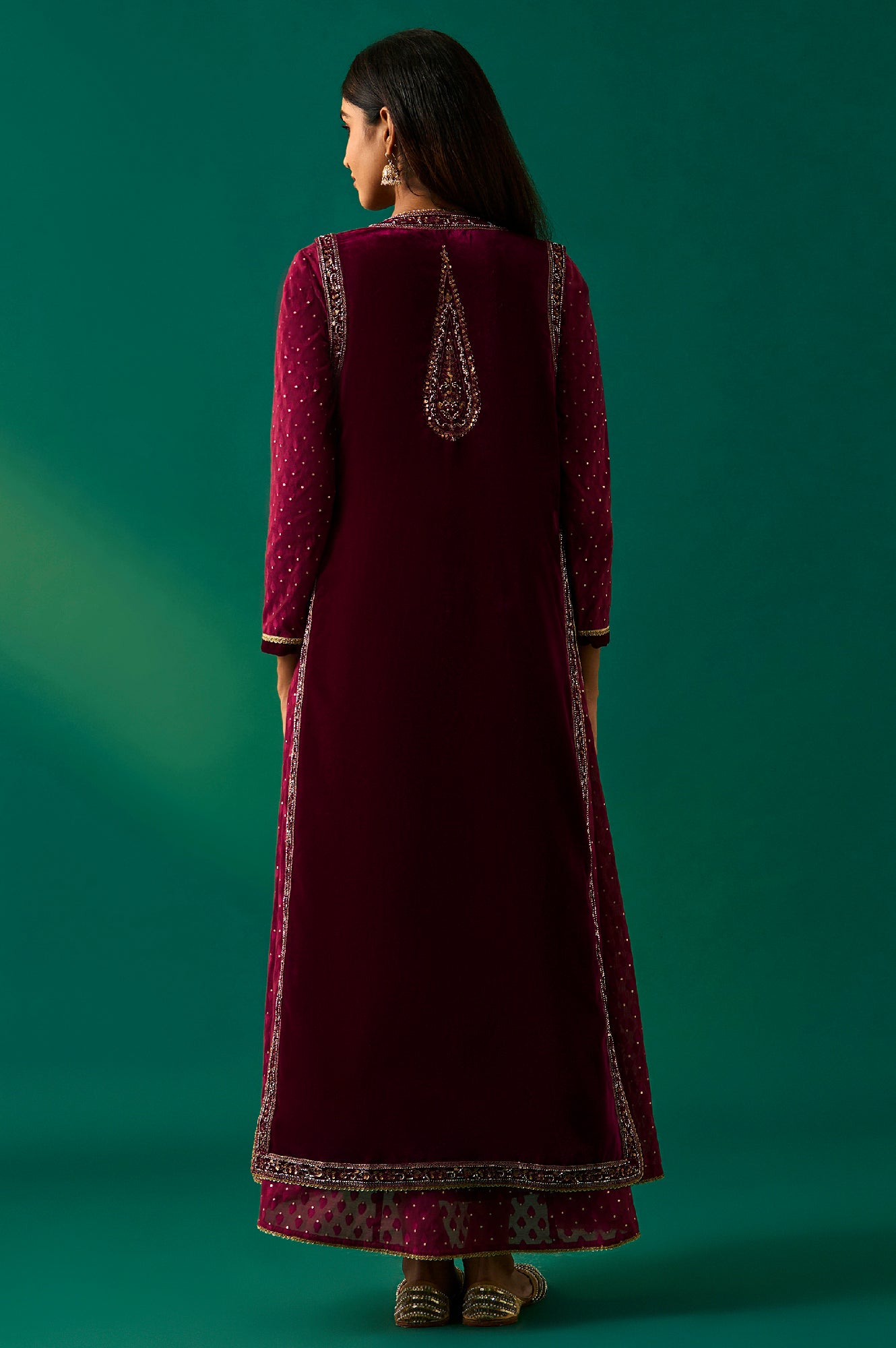 Maroon Embroidered Anarkali Georgette Gilet with Dress and Churidar Set
