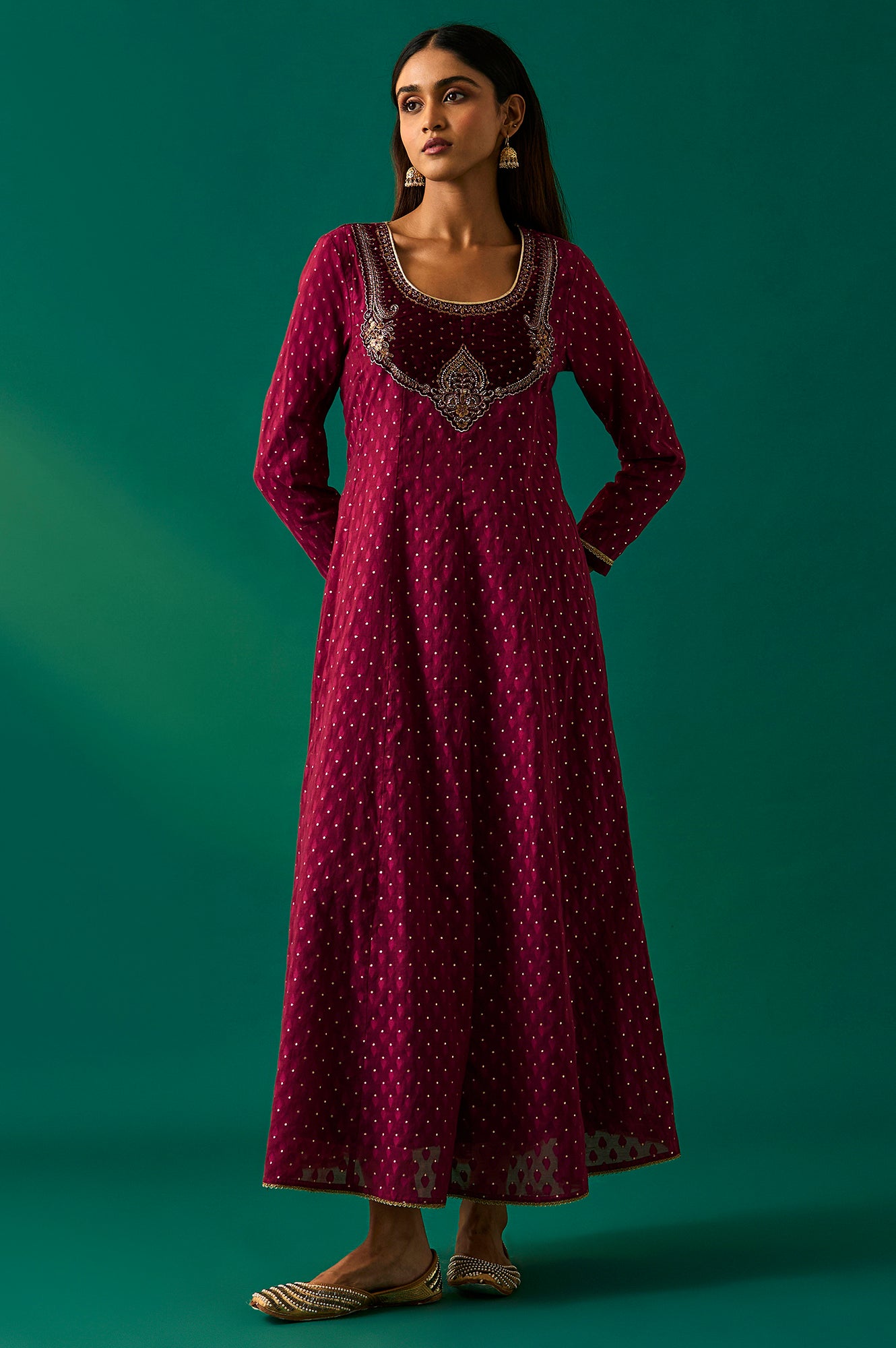 Maroon Embroidered Anarkali Georgette Gilet with Dress and Churidar Set