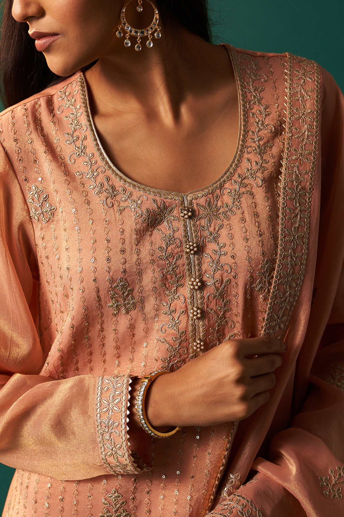 Pink Dori Embroidered Straight Tissue Organza Kurta with Culotte and Dupatta Set