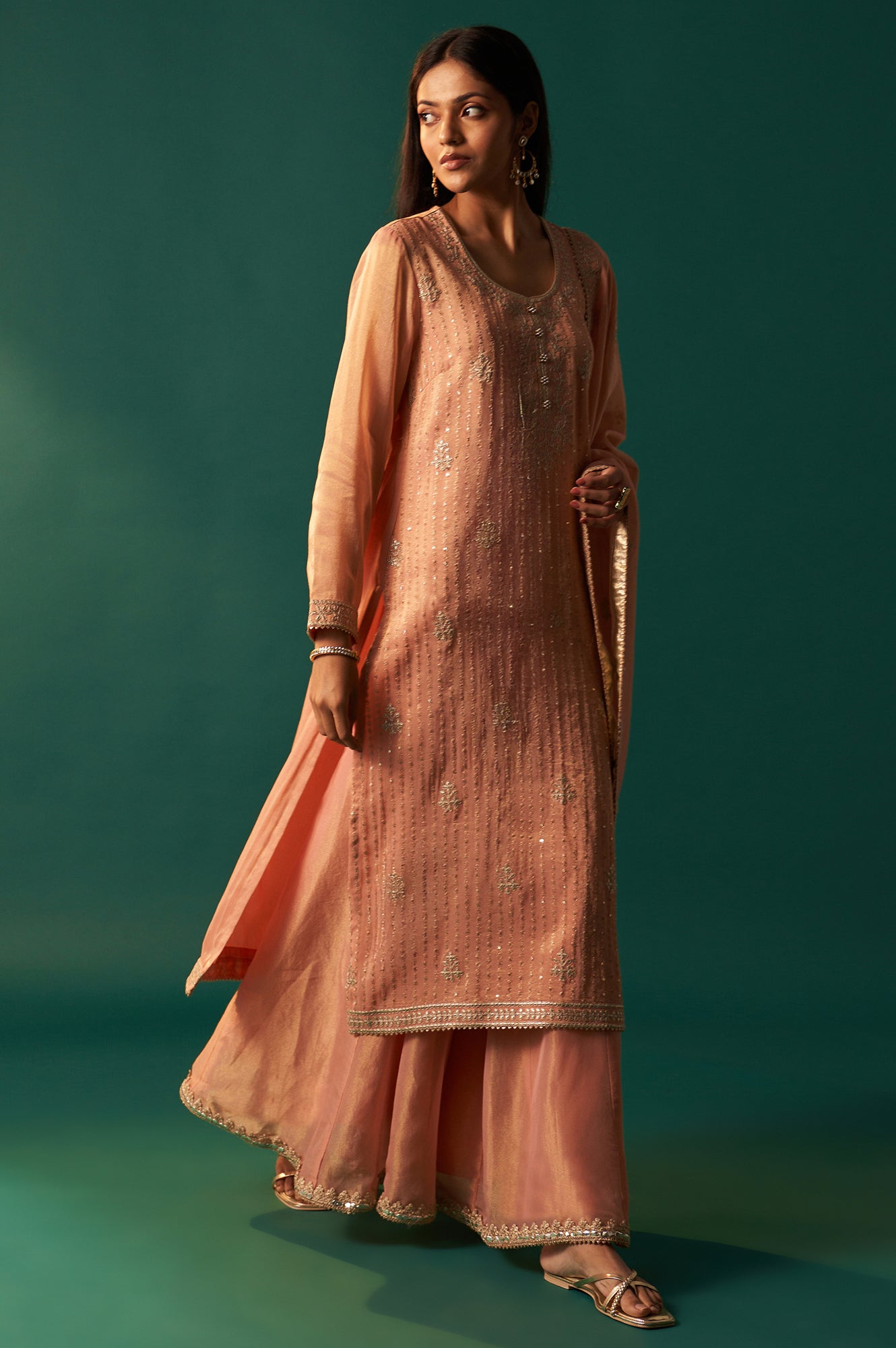 Pink Dori Embroidered Straight Tissue Organza Kurta with Culotte and Dupatta Set