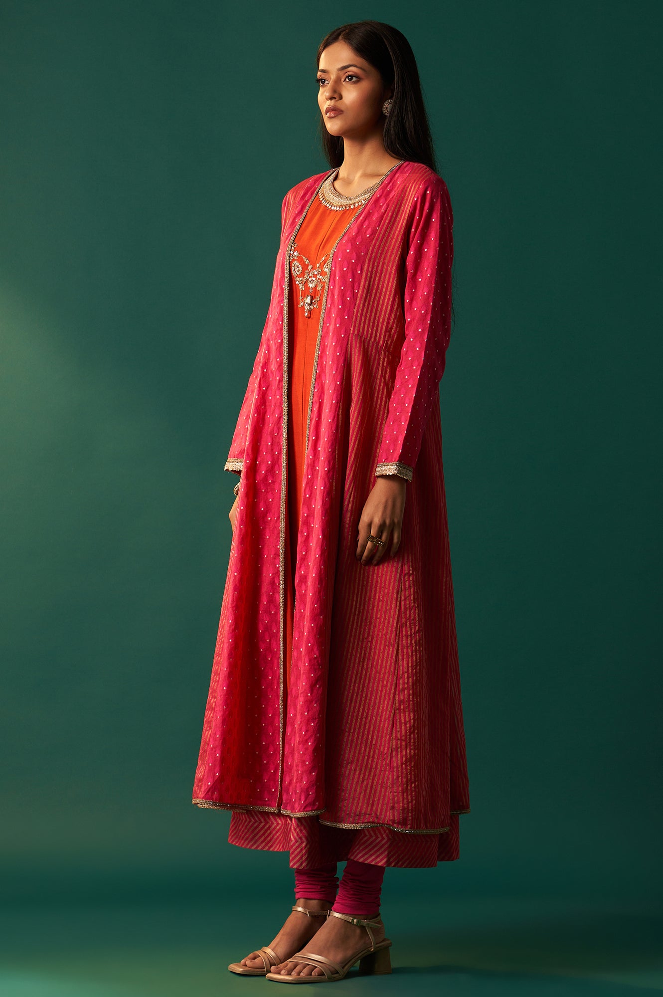 Orange Embroidered Flared Shantung Dress with Jacket Set