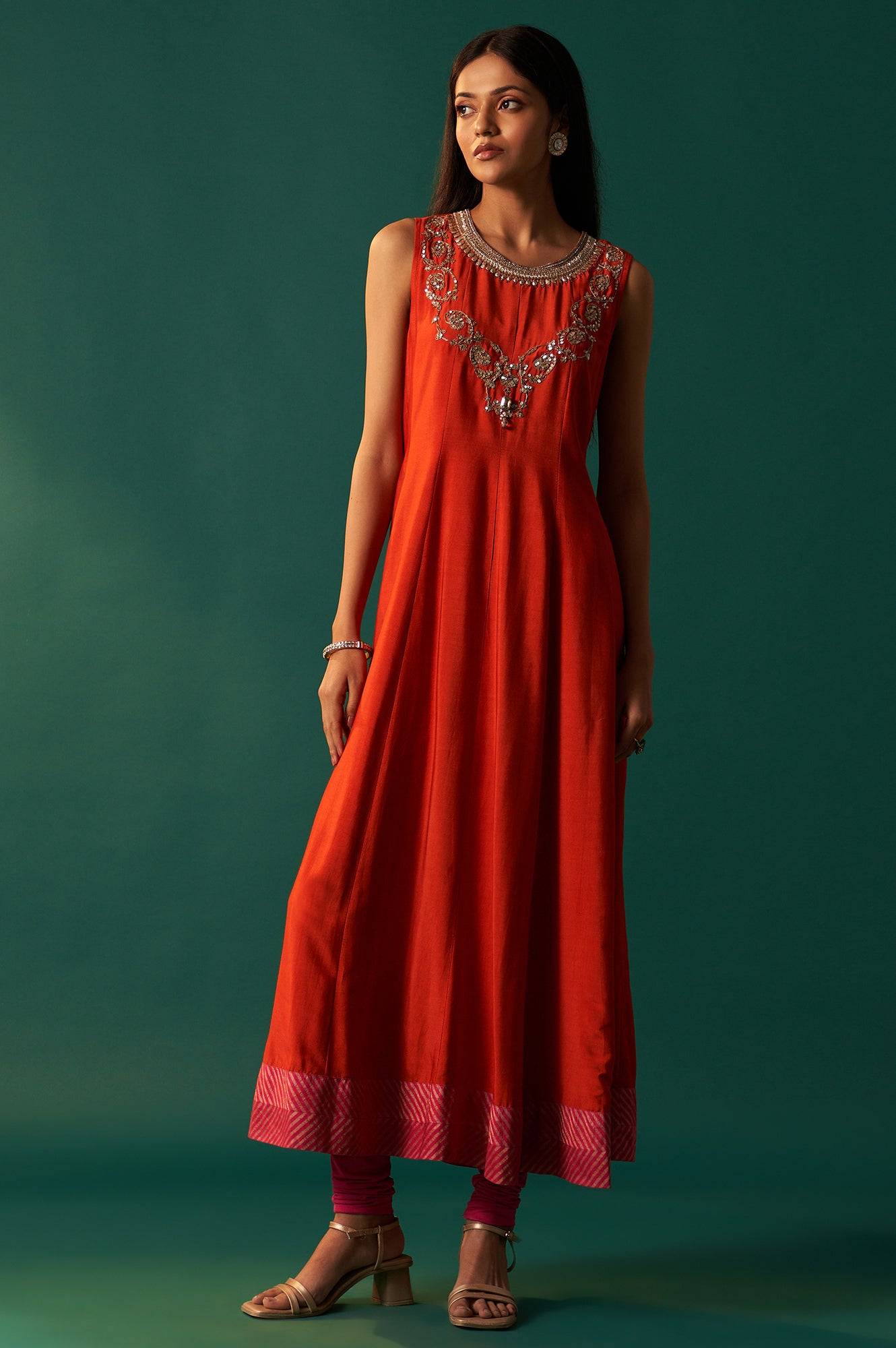 Orange Embroidered Flared Shantung Dress with Jacket Set