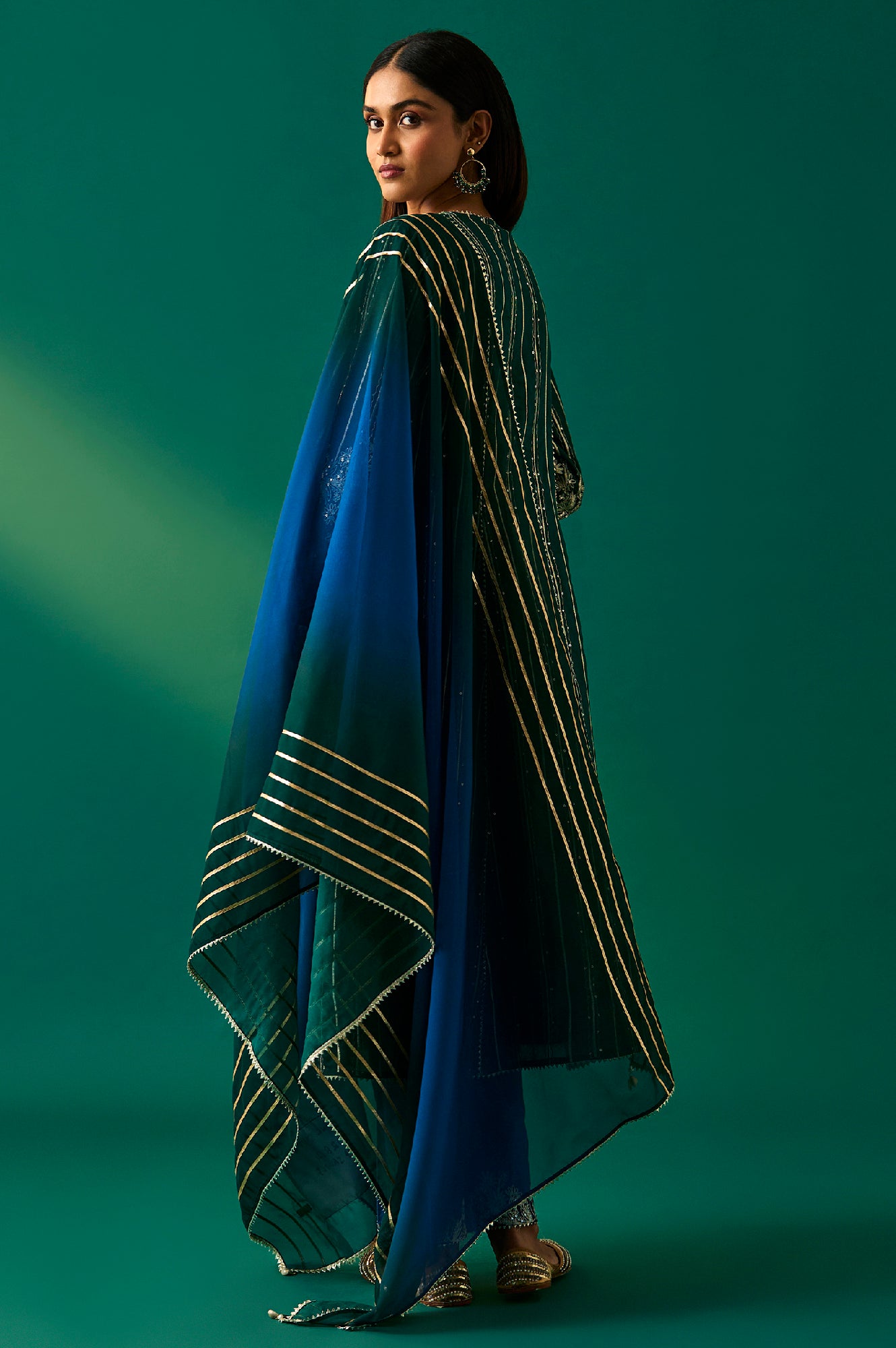 Green Striped Embroidered Angrakha Rayon Kurta with Trouser and Dupatta Set