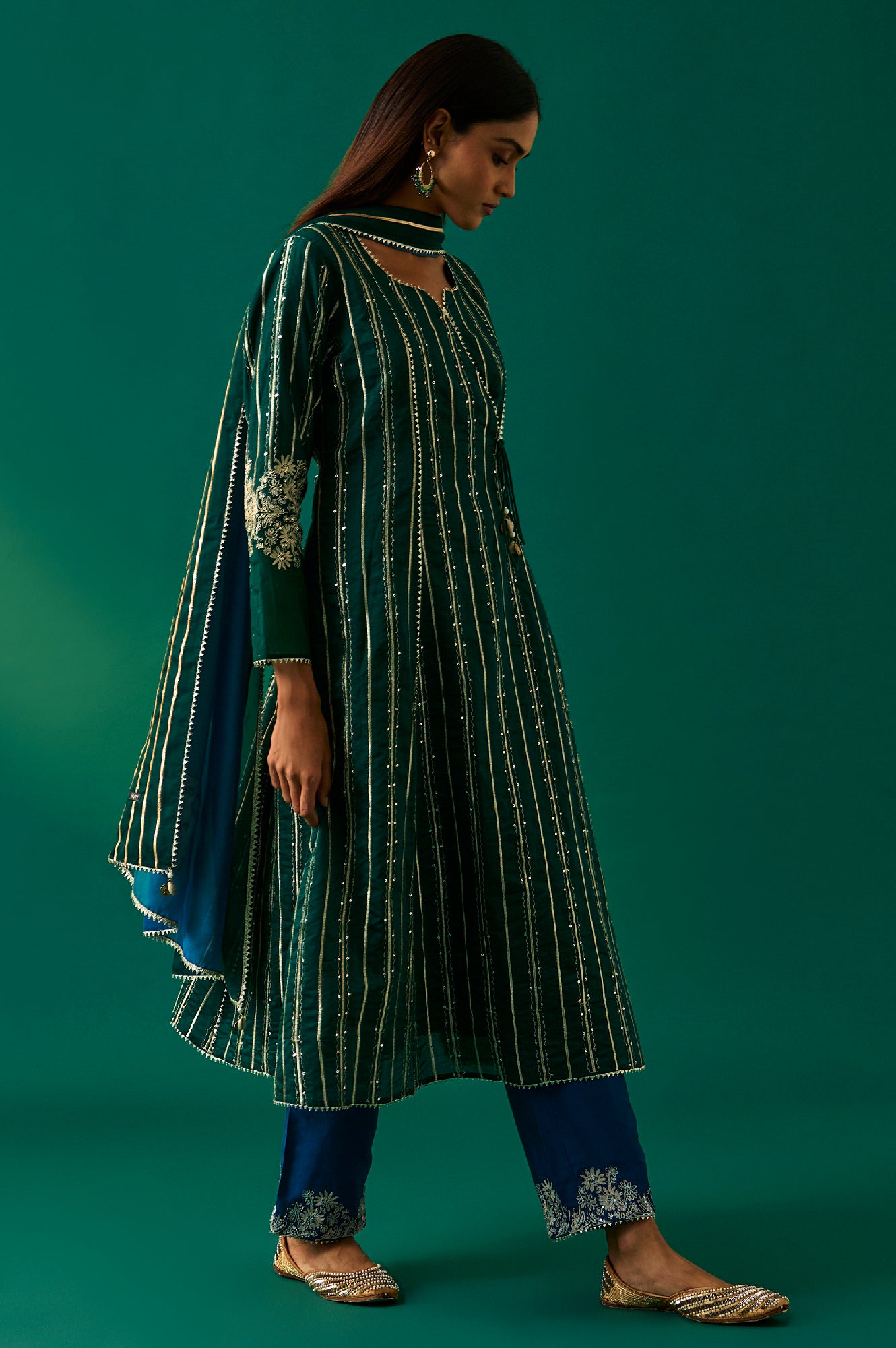 Green Striped Embroidered Angrakha Rayon Kurta with Trouser and Dupatta Set