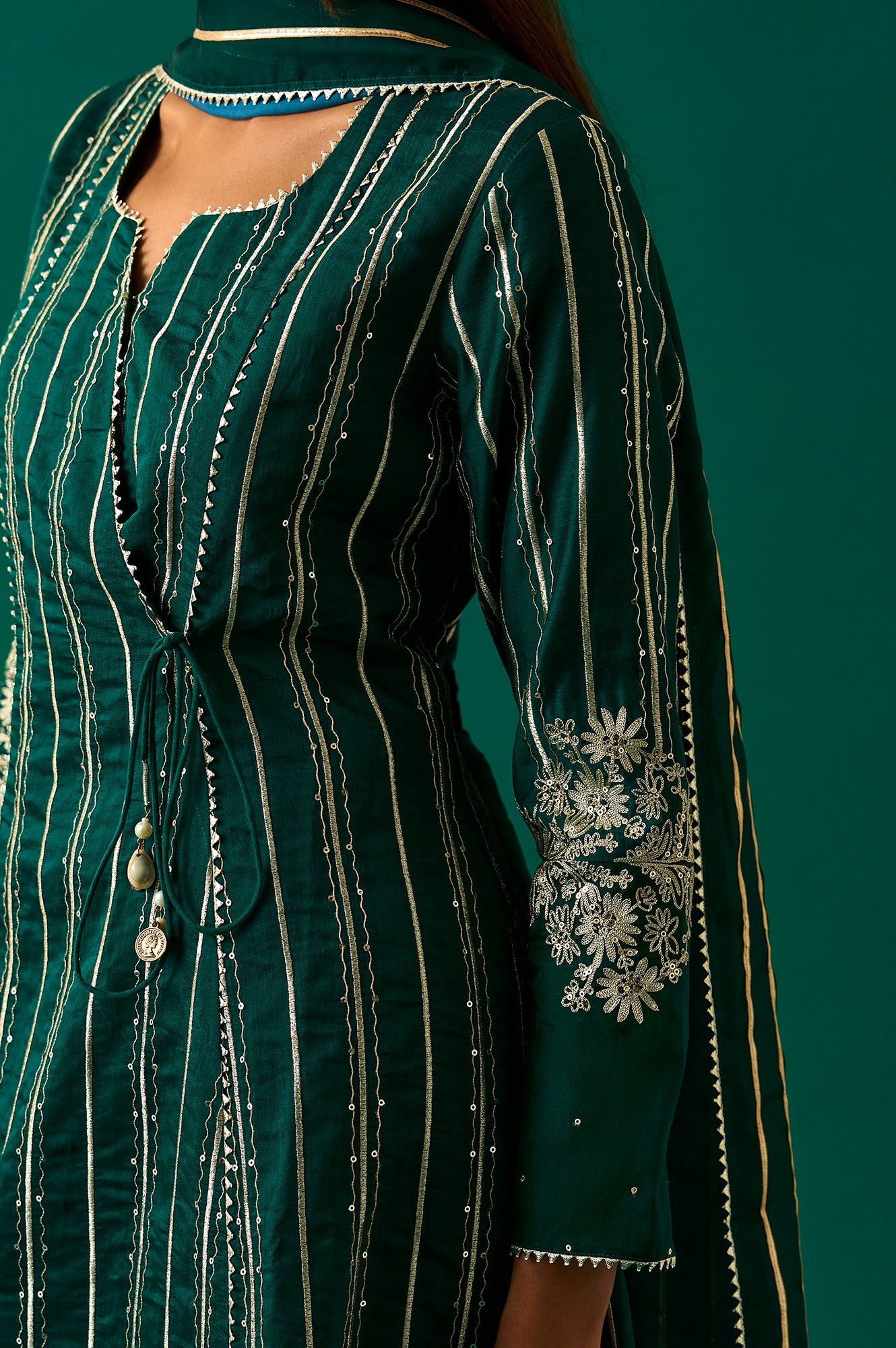 Green Striped Embroidered Angrakha Rayon Kurta with Trouser and Dupatta Set
