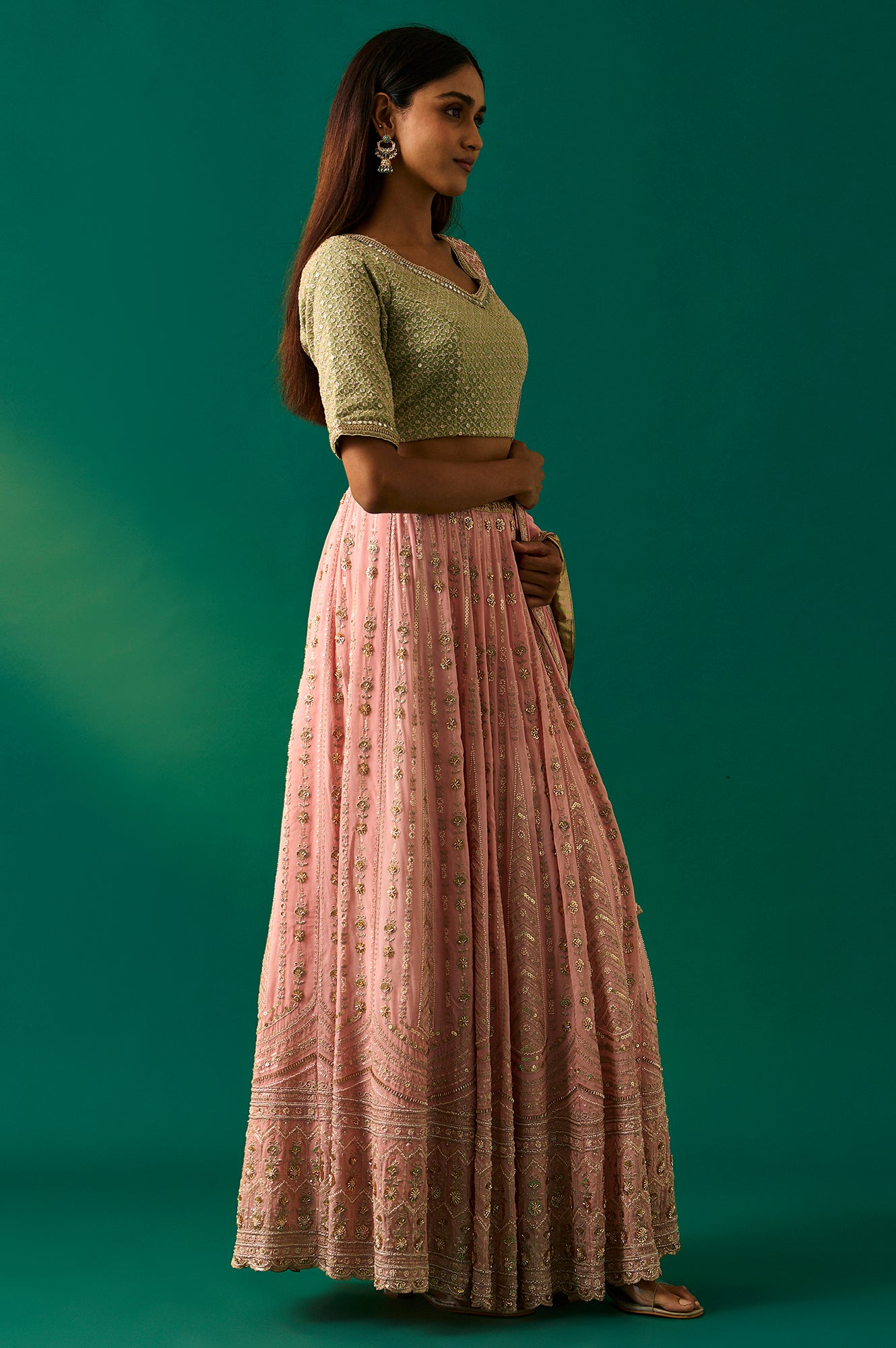 Green Embroidered Anarkali Blouse with Skirt and Dupatta Set