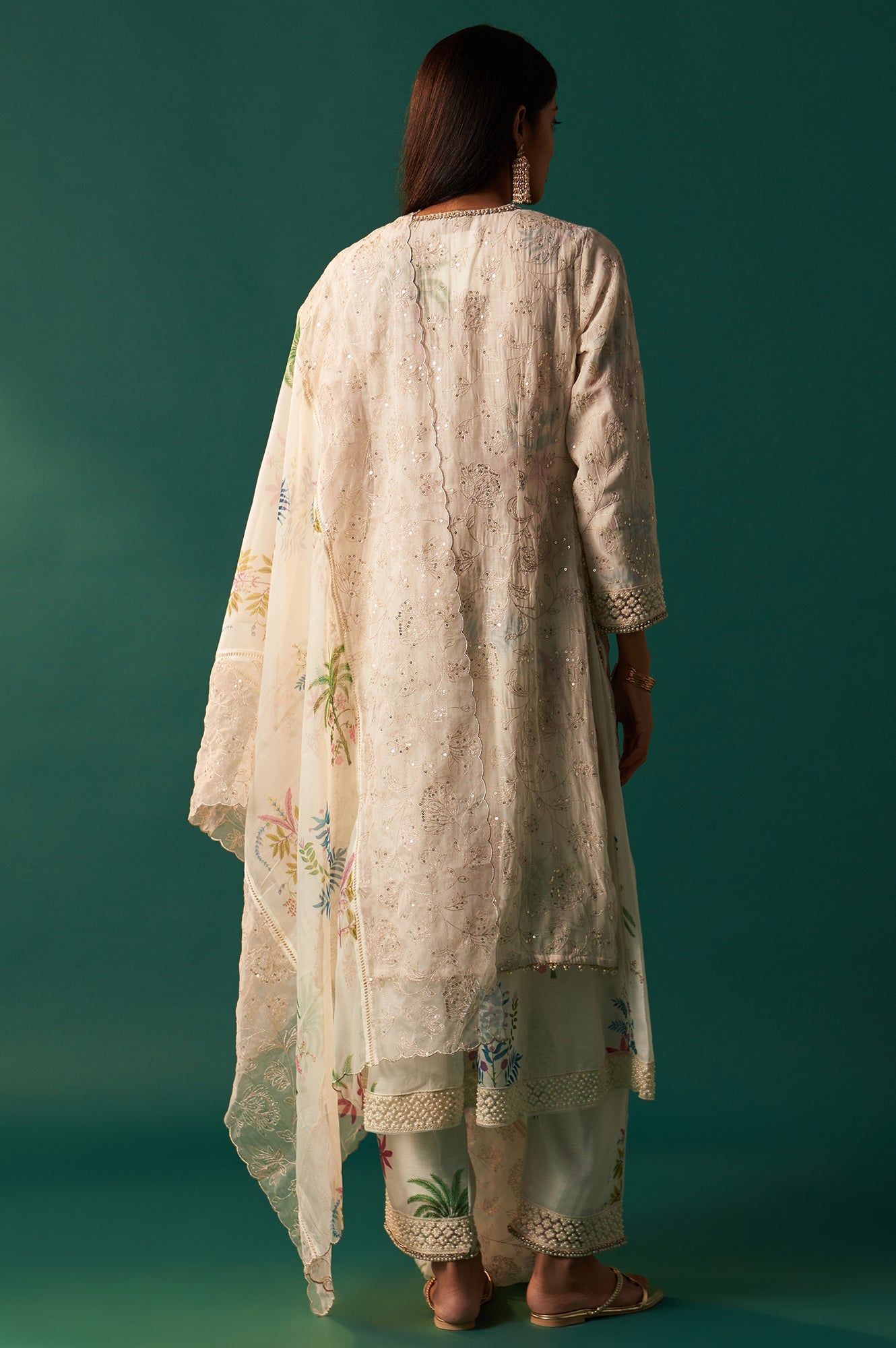 White Floral Printed and Embroidered Layered Cotton Blend Kurta with Pant and Dupatta Set