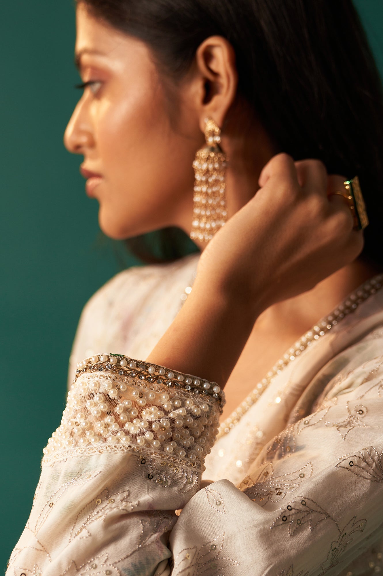 White Floral Printed and Embroidered Layered Cotton Blend Kurta with Pant and Dupatta Set