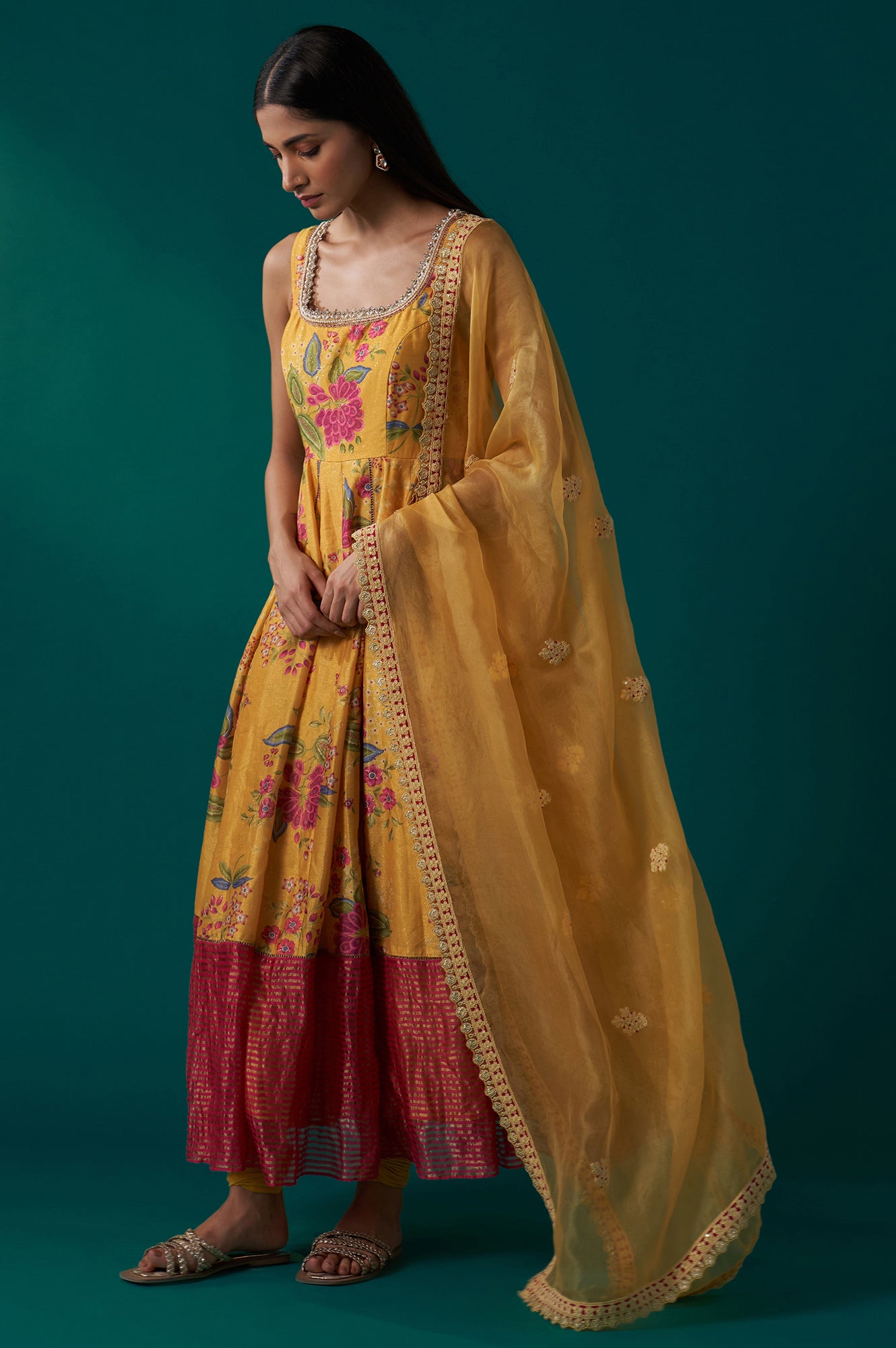 Yellow Floral Print Embroidered Anarkali Tissue Kurta with Churidar and Dupatta Set