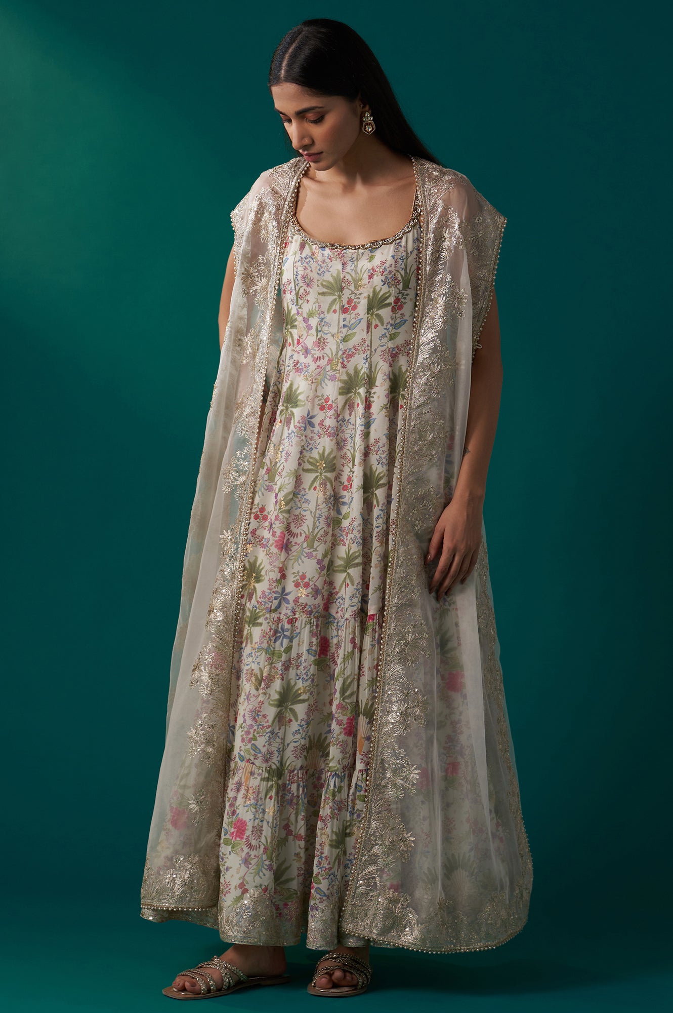White Floral Printed Anarkali Dress and Embroidered Organza Cape Set