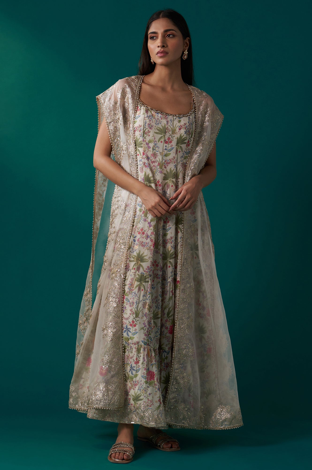 White Floral Printed Anarkali Dress and Embroidered Organza Cape Set