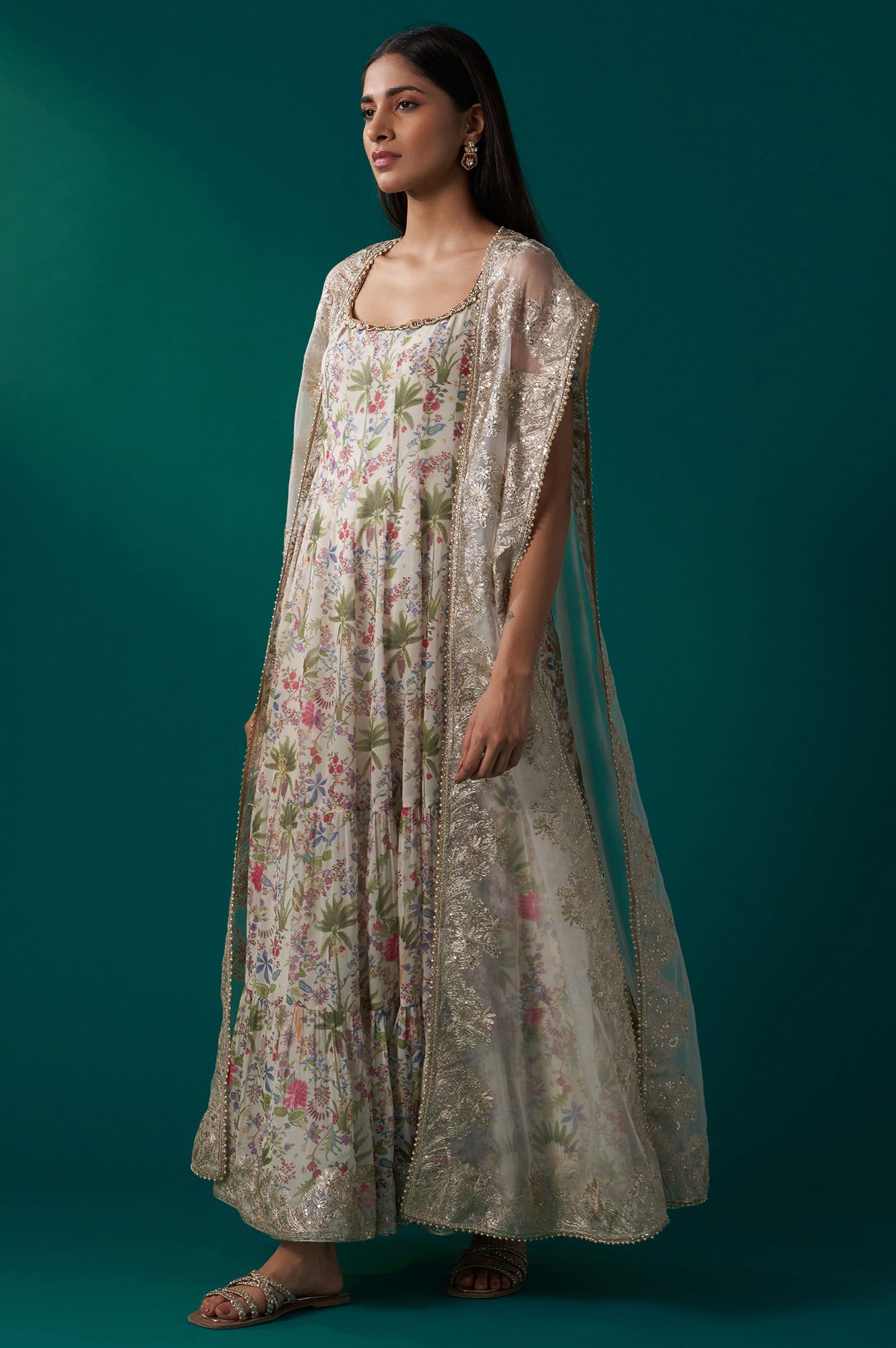 White Floral Printed Anarkali Dress and Embroidered Organza Cape Set