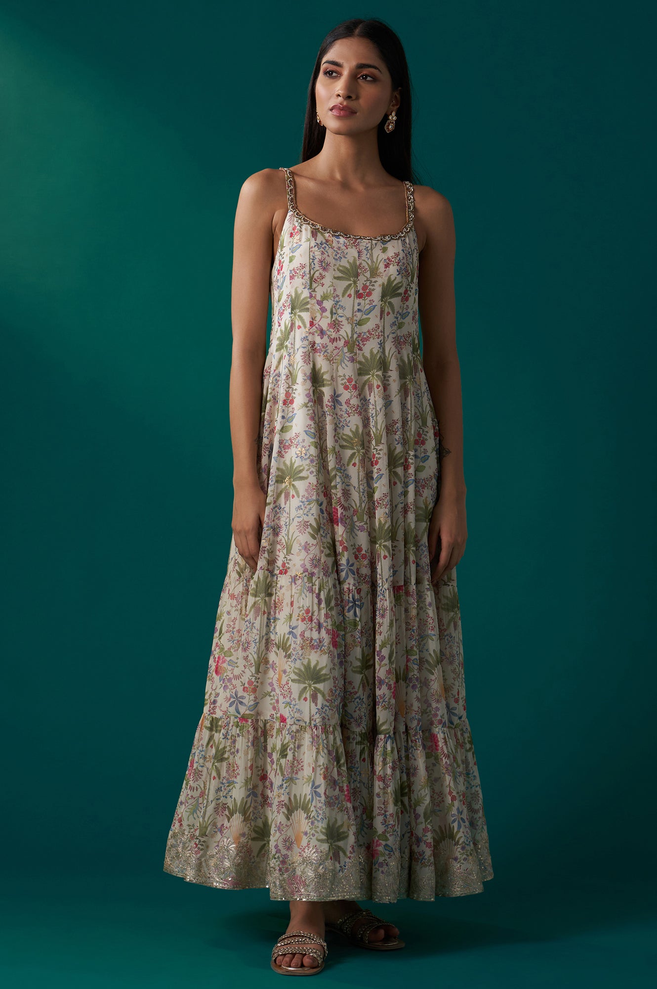 White Floral Printed Anarkali Dress and Embroidered Organza Cape Set