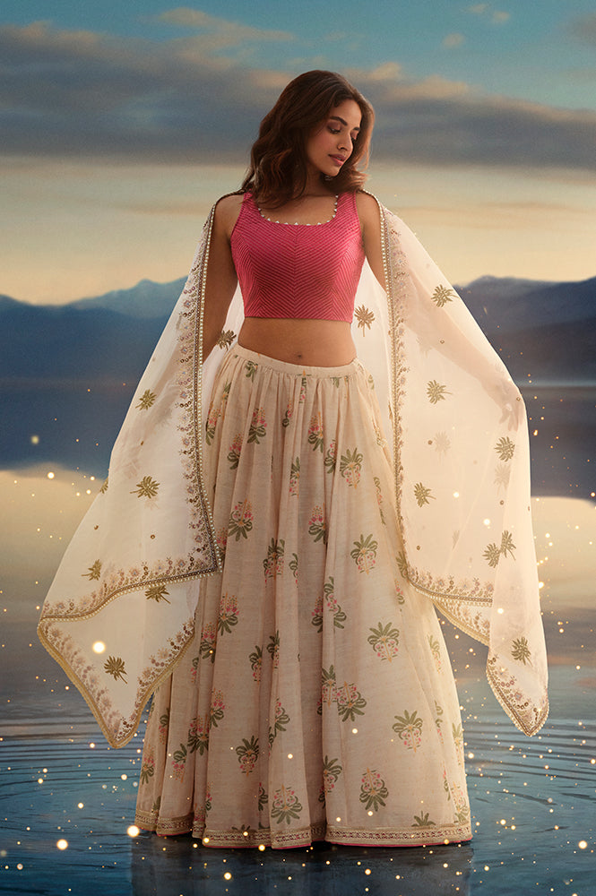Pink Bead Work Pintuck Blouse with Jacquard Skirt and Dupatta Set