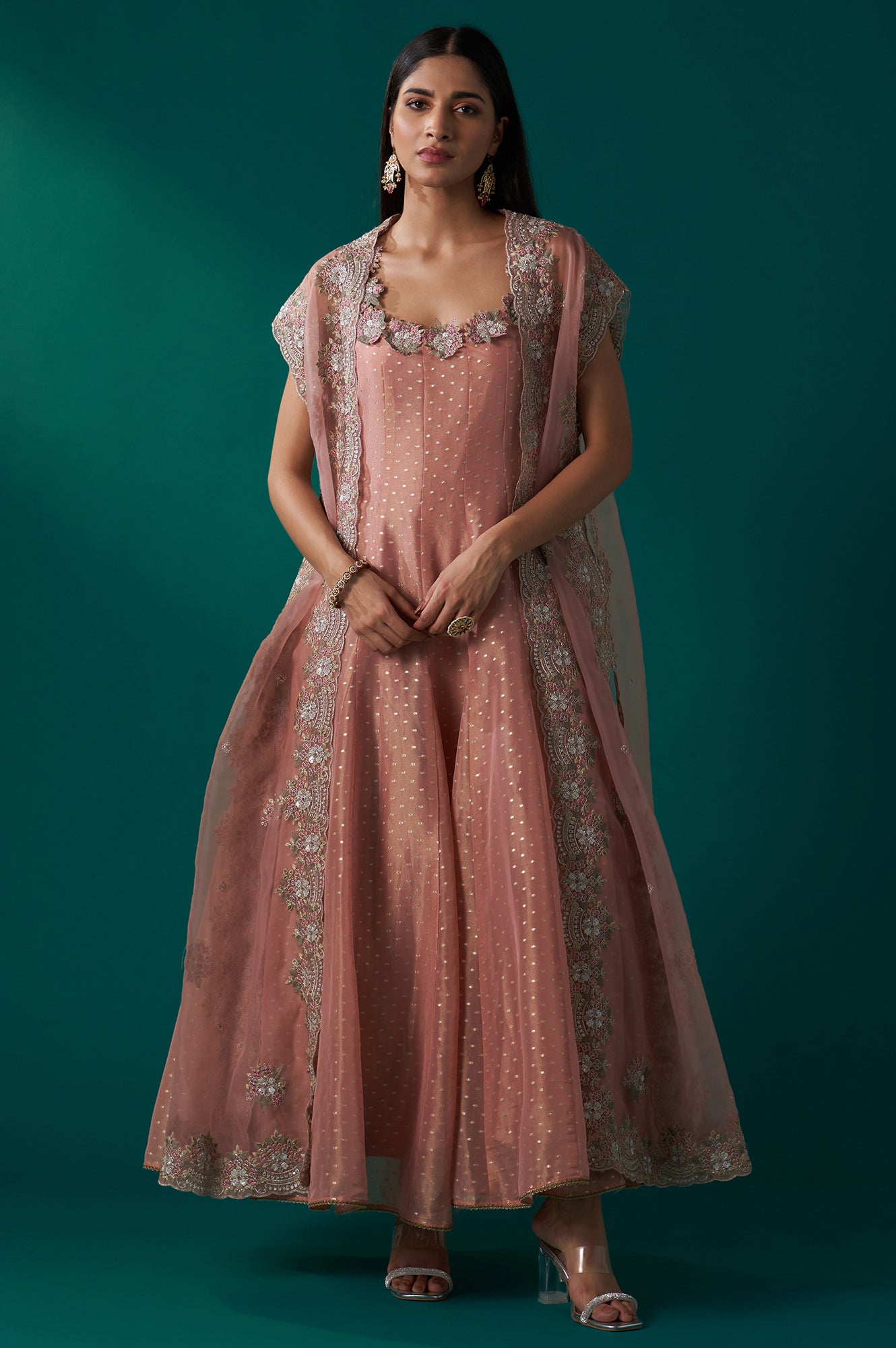Buy Peach Heavy Embroidered Tissue Cape and Anarkali Dress Set Online for  Woman