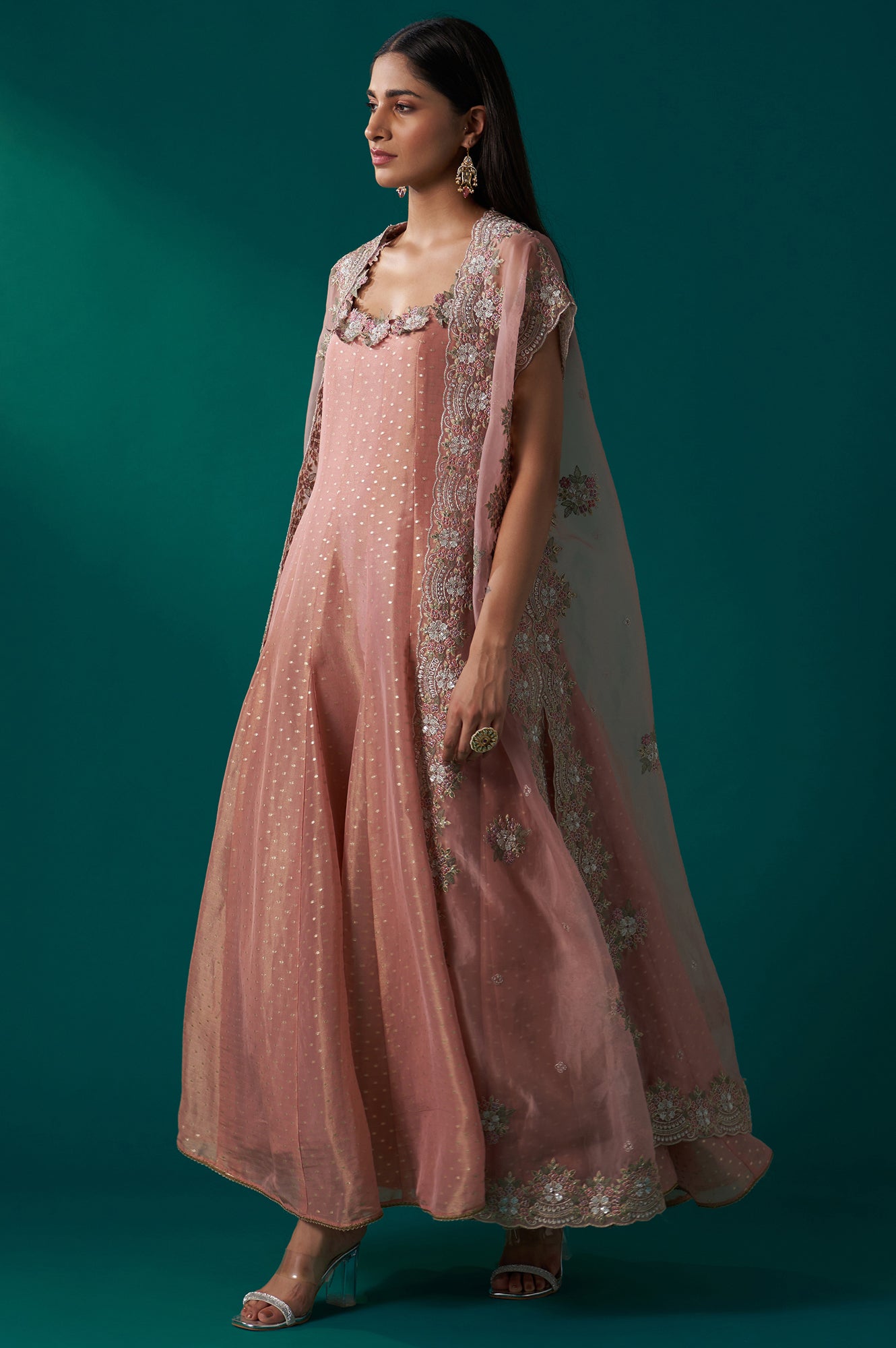 Peach Heavy Embroidered Tissue Cape and Anarkali Dress Set
