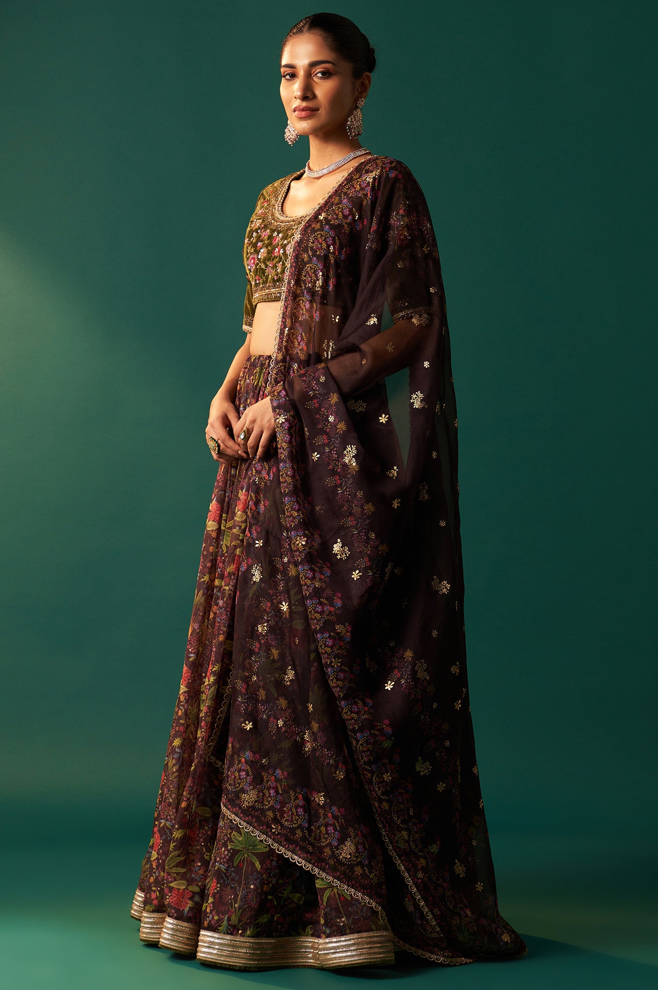 Green Embroidered Velvet Blouse with Floral Printed Skirt and Dupatta Set