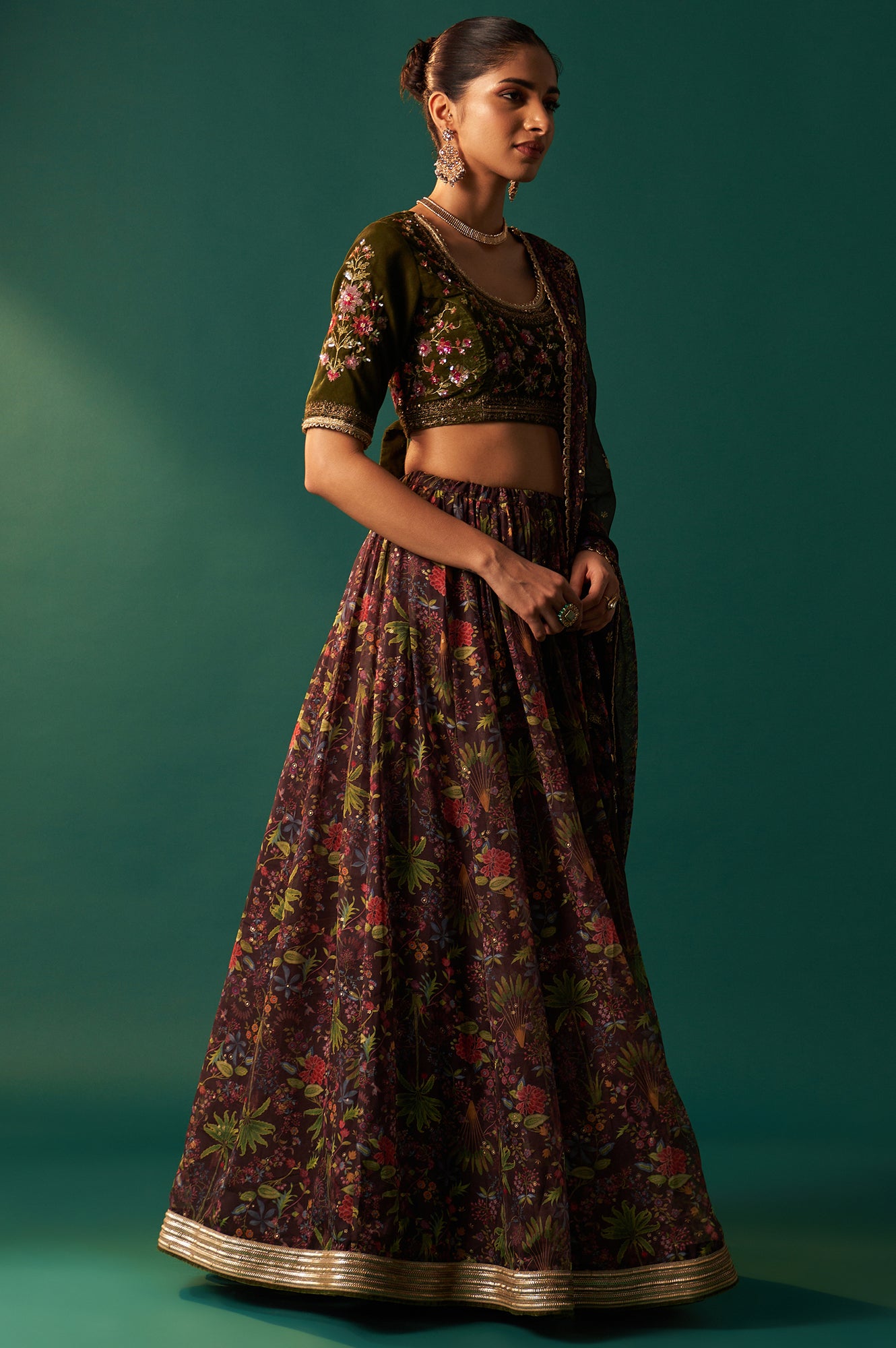 Green Embroidered Velvet Blouse with Floral Printed Skirt and Dupatta Set