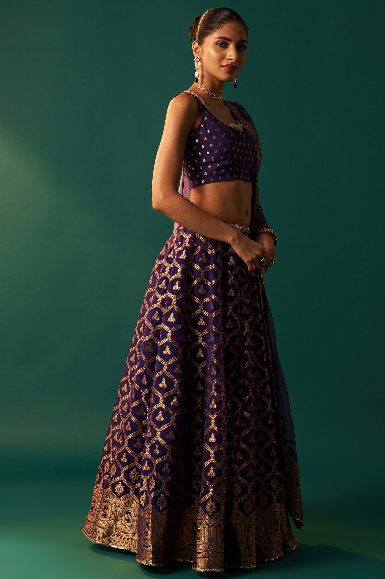 Purple Zari Embroidered Jacquard Blouse with Flared Skirt and Dupatta Set