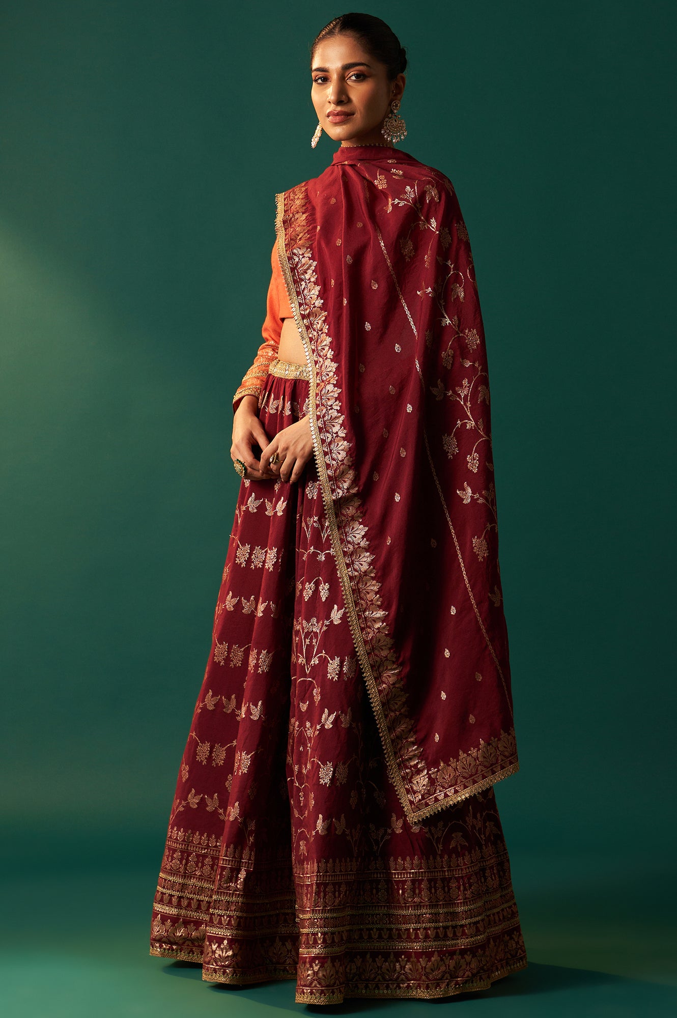 Orange Zari Embroidered Jacquard Blouse with Flared Maroon Skirt and Dupatta Set