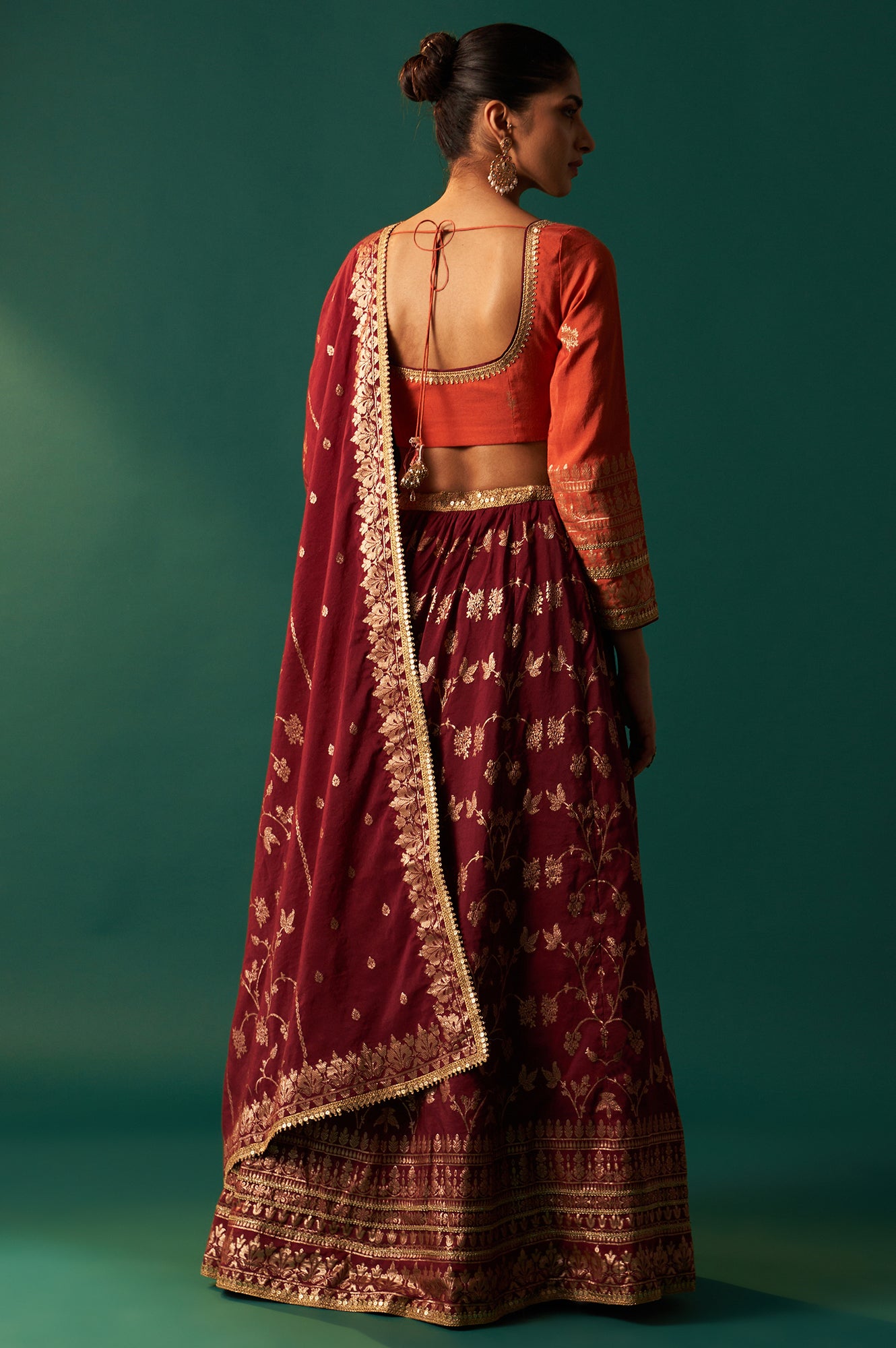 Orange Zari Embroidered Jacquard Blouse with Flared Maroon Skirt and Dupatta Set