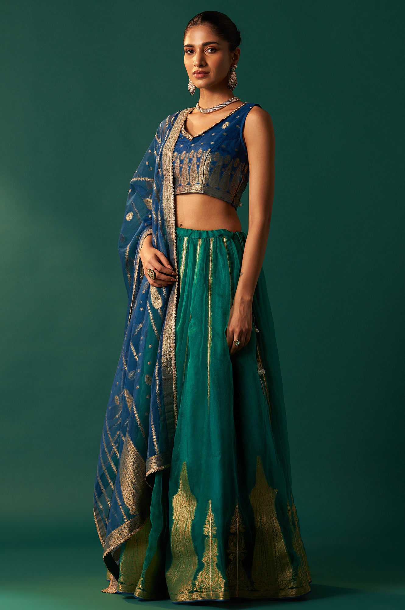 Blue Zari Embroidered Jacquard Blouse with Parrot Green Lehenga and Dupatta Set